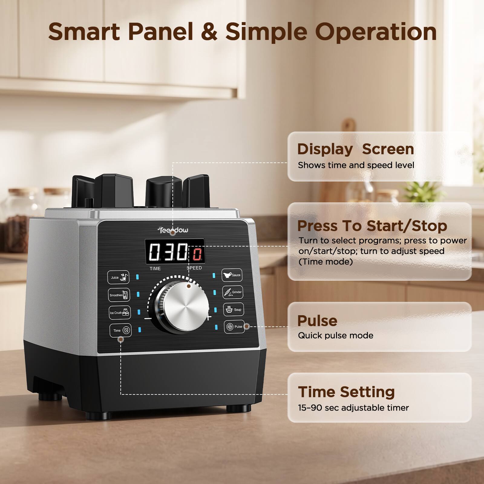 Smart Panel & Simple Operation

Display Screen
Shows time and speed level

Press To Start/Stop
Turn to select programs; press to power on/start/stop; turn to adjust speed (Time mode)

Pulse
Quick pulse mode

Time Setting
15-90 sec adjustable timer
