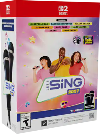 02 BINTENDO SWITCH 0D2 NINTENDO SWITCH. INCLUDES 2 MICROPHONES 1 MICROS INCLUS FEATURING CHAPPELL ROAN SABRINA CARPENTER ARIANA GRANDE ED SHEERAN LADY GAGA ALEX WARREN DRAKE & MANY MORE COMPATIBLE 1 1FREE MONTH VIP PASS 150+ SONGS SING FEL.B 2027 LET'S SiNG 2027 - TEEN ADOLESCENTS T ESRB 2 MICS INCLUDES INCLUS 2 MICROS THQNORDIC See back. internet required. ncessaire downioed ve Internet Ge) vid 6G8- Full game complet de jeu CARD Telechargement GAME-KEY support.nistendo.com/switch2/gomekeycard Voir du verso CL DE JEU CARTE - T (Teen 13+)