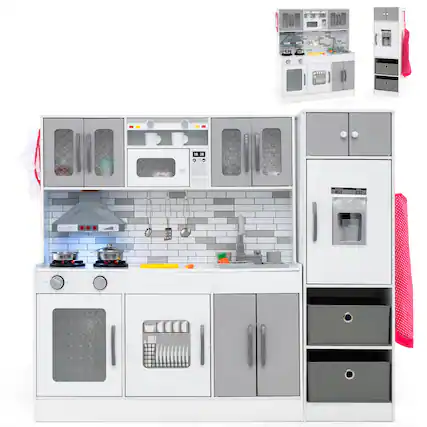Front. Costway - Costway Wooden Kitchen Playset w/Lights Sounds Interactive Features Storage Accessories - Gray,White.