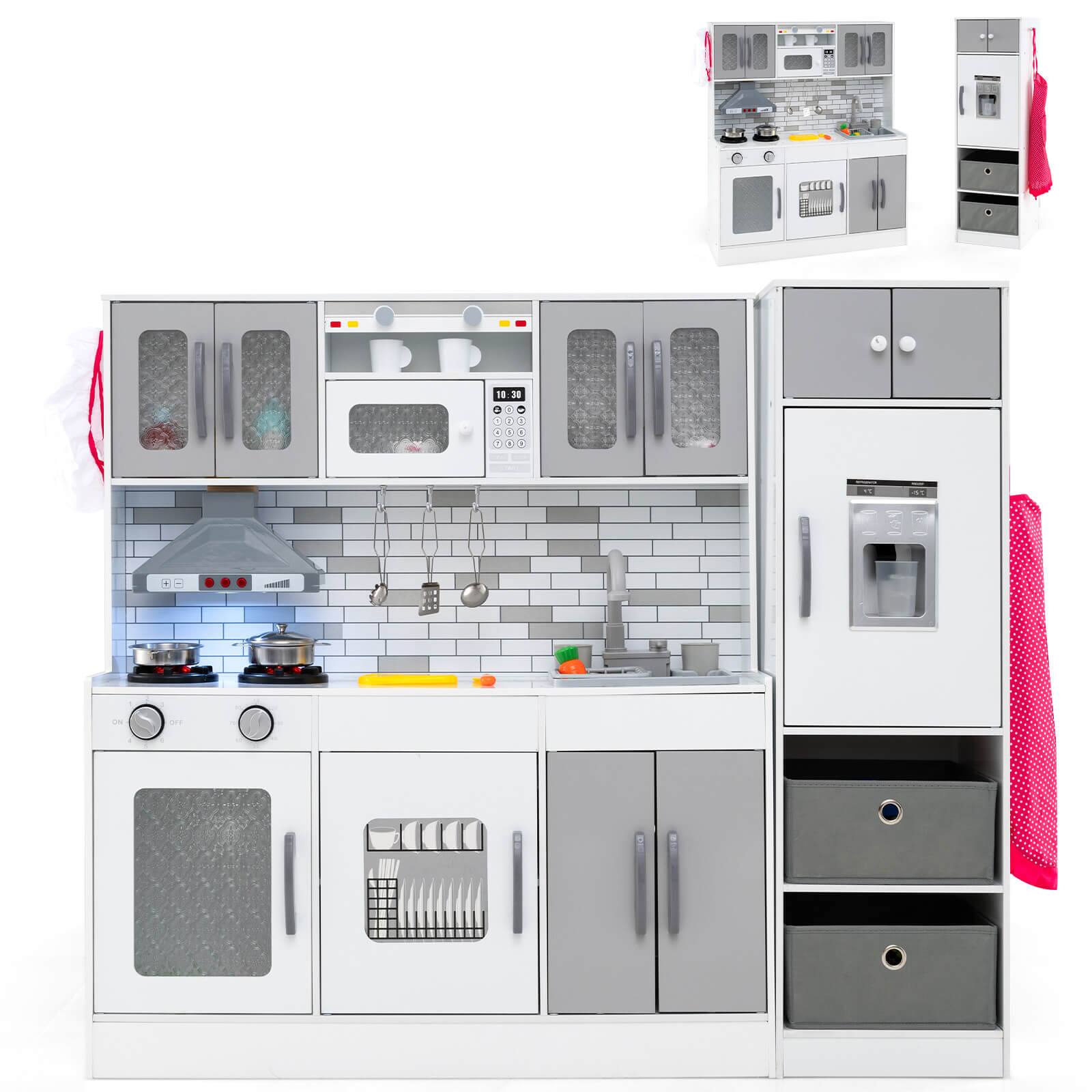 Costway - Wooden Kitchen Playset w/Lights Sounds Interactive Features Storage Accessories - Gray,White