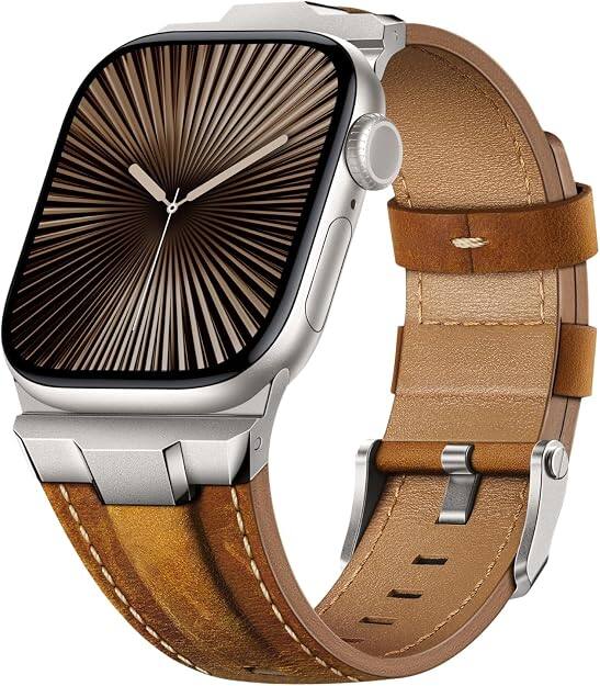 Core Tech - Genuine Leather Band for Apple Watch 38/40/41/42mm (Series 10/11), Adjustable - Titanium/Retro Brown