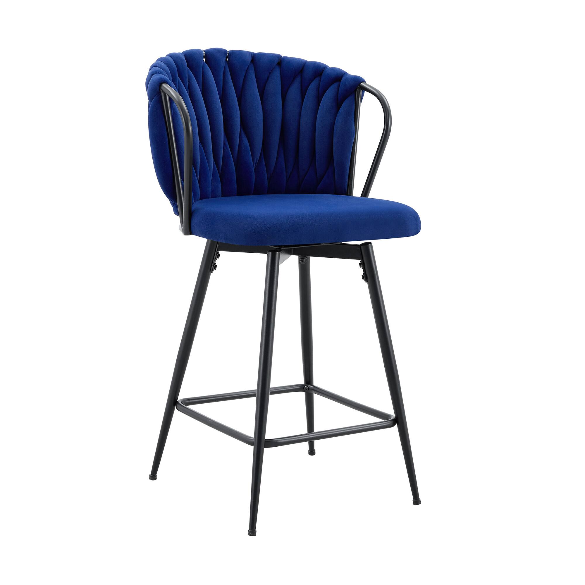 Alt View 4. Loheer - Loheer Counter Height Bar Stools Set of 2, Blue Velvet Bar Stools with Braided Back, Metal Frame, 3 ft - Black,Blue.