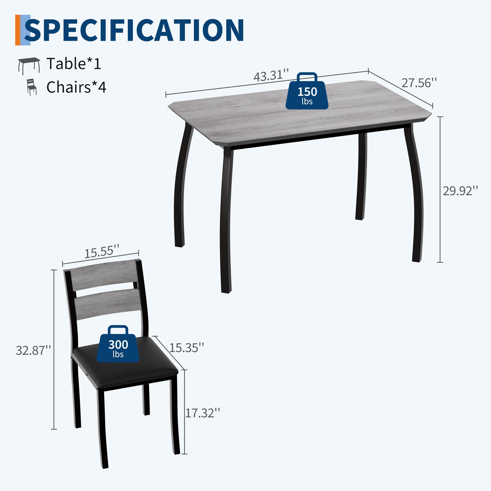 Acekool Square Dining Table Set for 4,5 Piece Kitchen Table Set ...