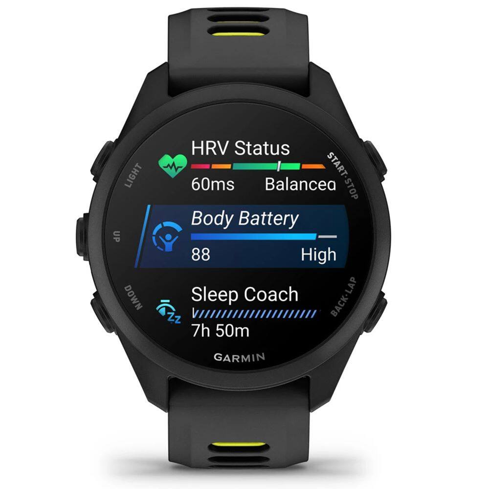 LIGHT UP DOWN HRV Status START-STOP START 60ms Balanced Body Battery 88 High Coach Sleep BACK-LAP Zz Z Z 7h 50m GARMIN