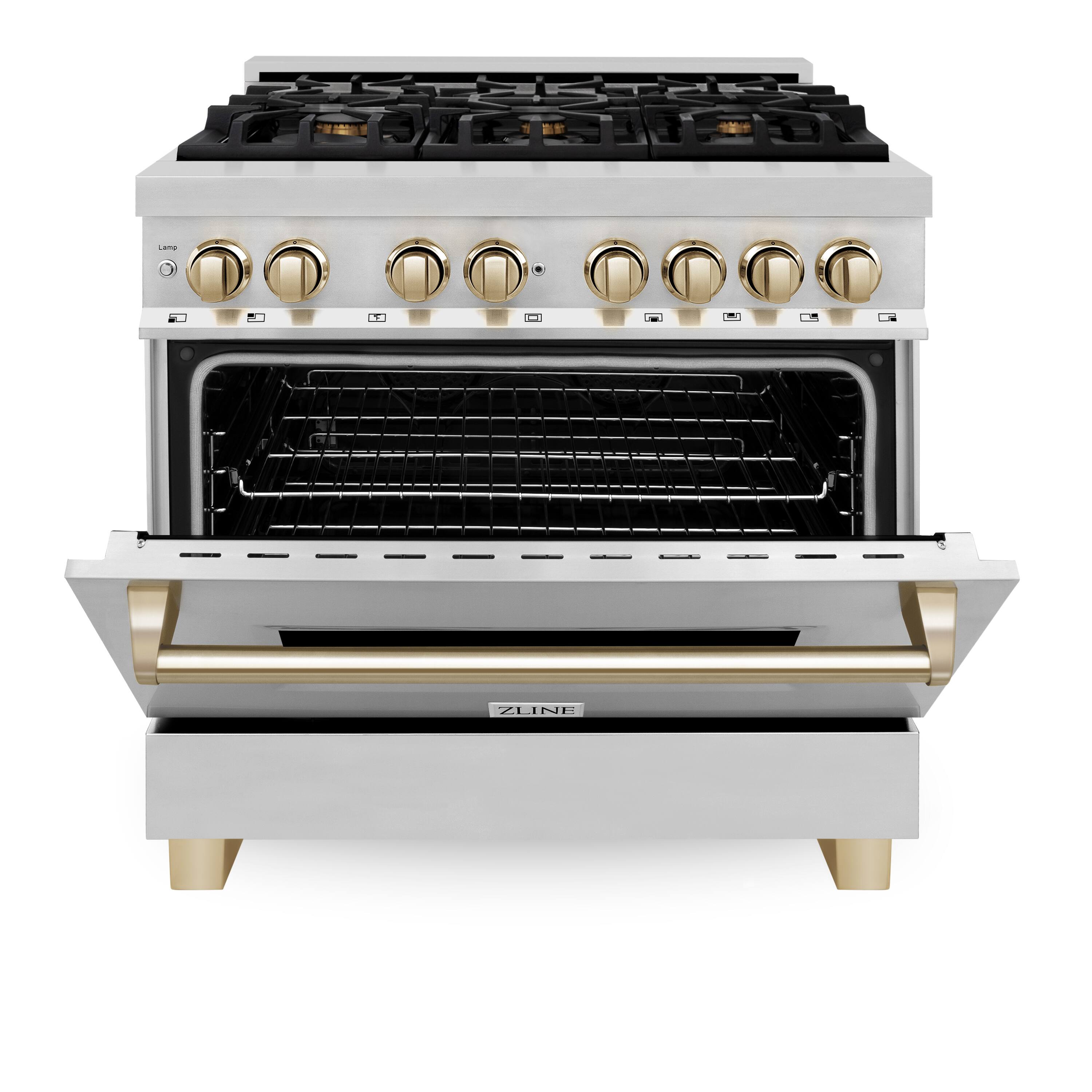 Angle. ZLINE - Autograph 36" Legacy Dual Fuel Range w/ 6 Burners & Polished Gold Accents (RAZ-36-G) - Stainless Steel/Polished Gold Accents.