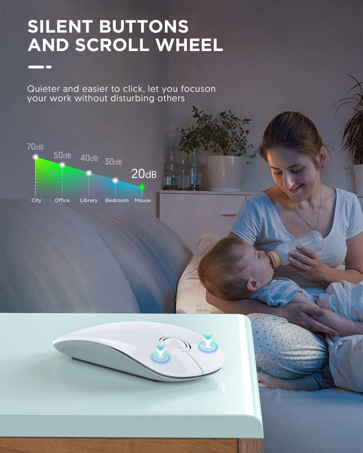 SILENT BUTTONS AND SCROLL WHEEL

Quieter and easier to click, let you focus on your work without disturbing others

70dB 50dB 40dB 30dB 20dB

City Office Library Bedroom Mouse