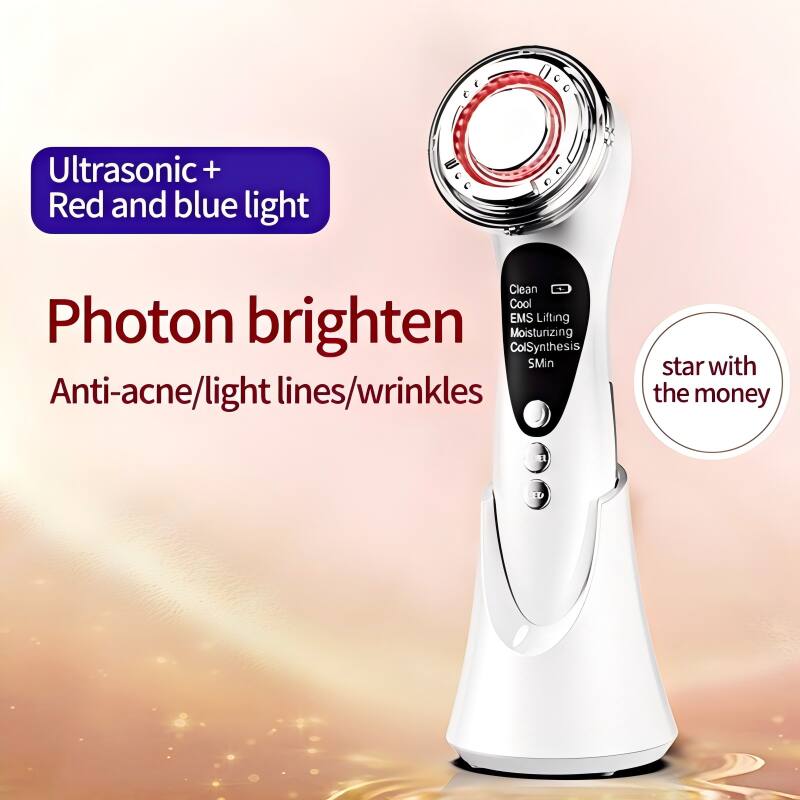 Ultrasonic + Red and blue light  
Photon brighten  
Anti-acne/light lines/wrinkles  
Clean Cool EMS Lifting Moisturizing ColSynthesis 5Min  
star with the money