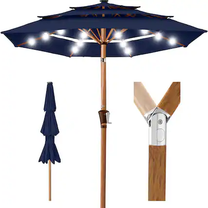Front. Best Choice Products - Best Choice Products Woodgrain Pattern 10ft 3-Tier Solar Patio Umbrella w/ 24 LED Lights, Tilt - Navy Blue - Navy Blue.
