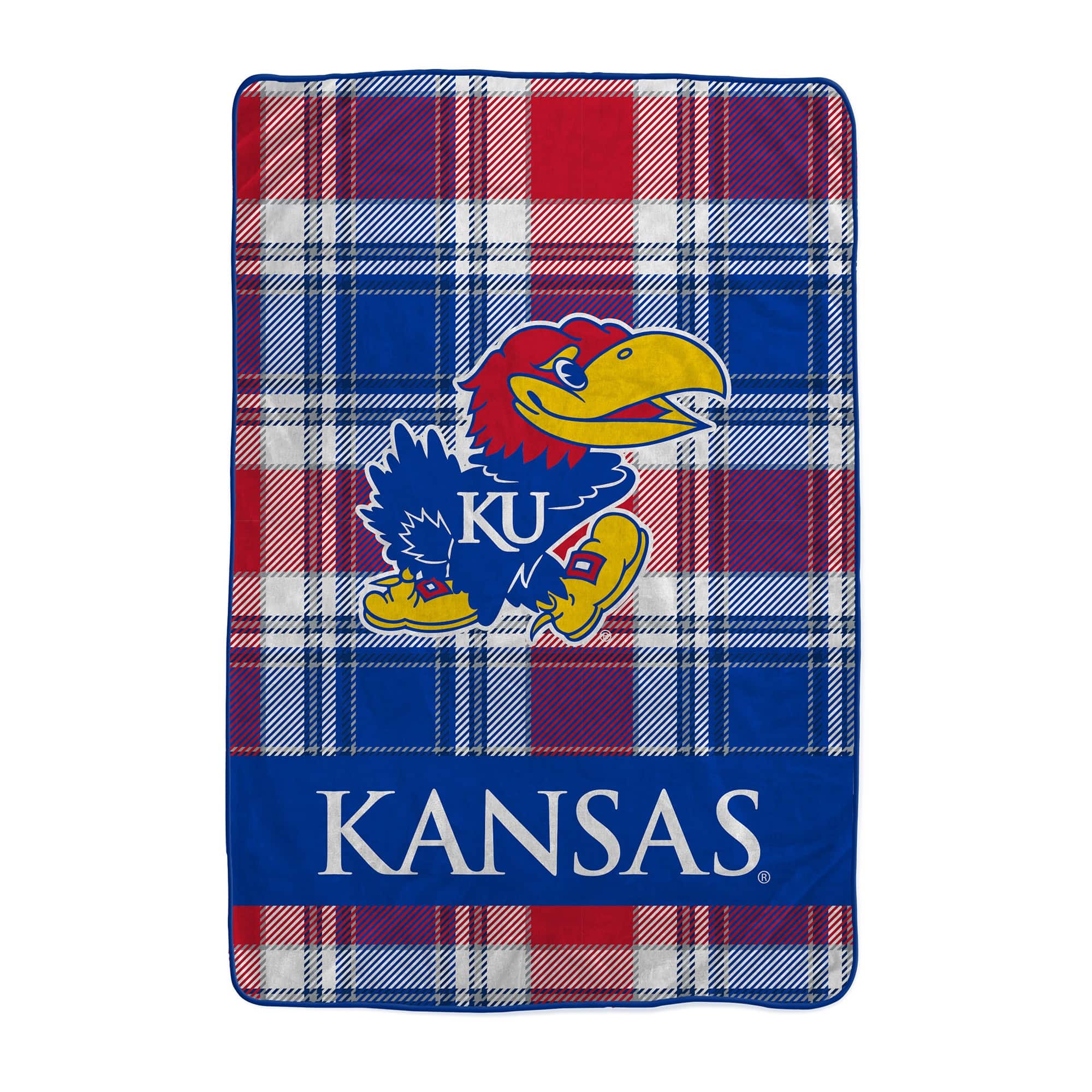 Front. Pegasus - Kansas Jayhawks 66" x 95" Oversized Plaid FAN-mily Ultra Cozy Blanket - Multicolor.