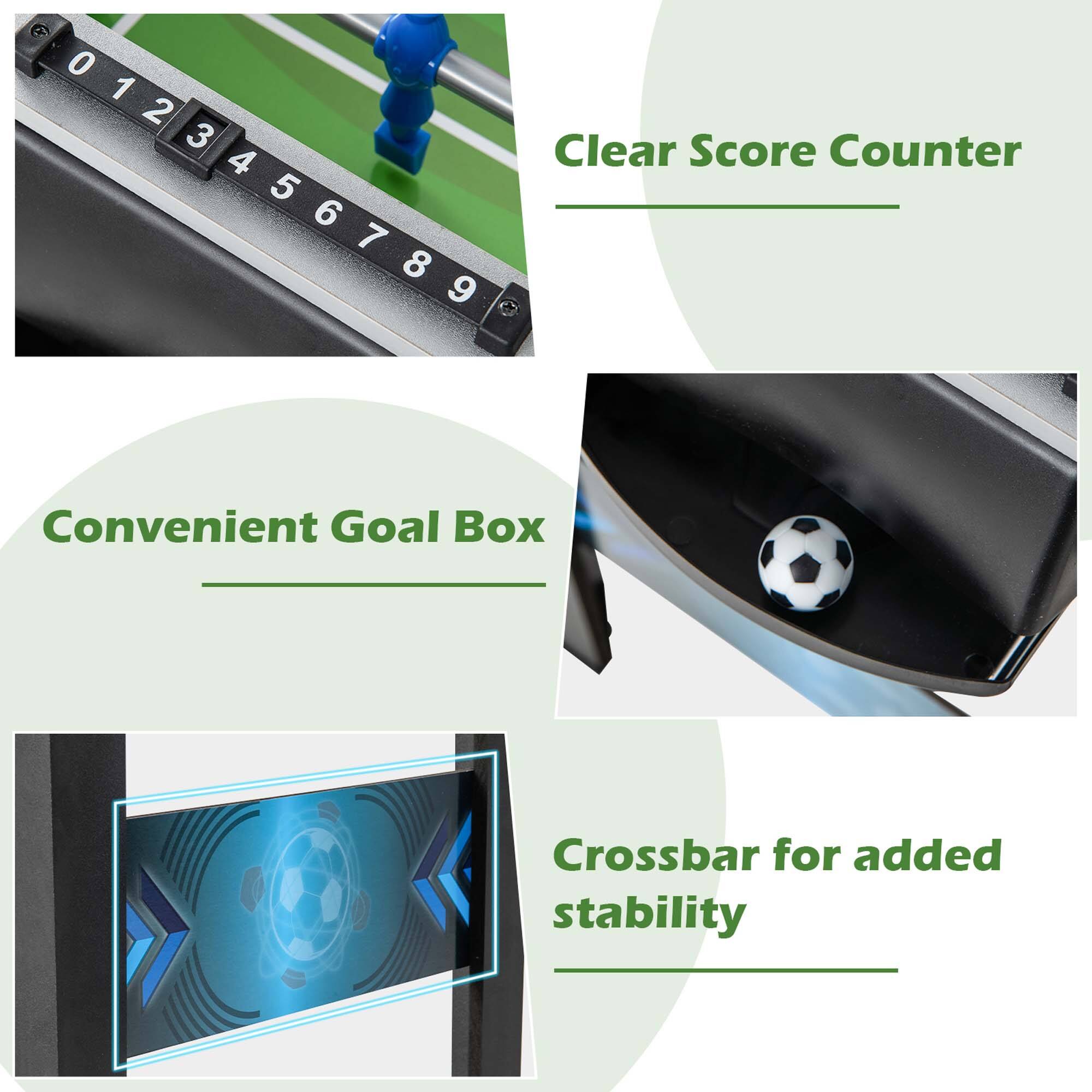 The image contains four different descriptions of various soccer-related items. The first description is "Clear Score Counter," which is a scoreboard that shows the current score of the game. The second description is "Convenient Goal Box," which is a box that helps players score goals more easily. The third description is "Crossbar for added stability," which is a bar that helps keep the goal in place and prevents it from moving. The fourth description is "Added stability," which is a feature that ensures the goal remains stable during the game.