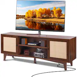 Glintex - Rattan TV Stand for 75" TVs, Boho Cabinet with Rattan Doors, Built-in Socket, Adjustable Shelves, Media Storage Console - Walnut
