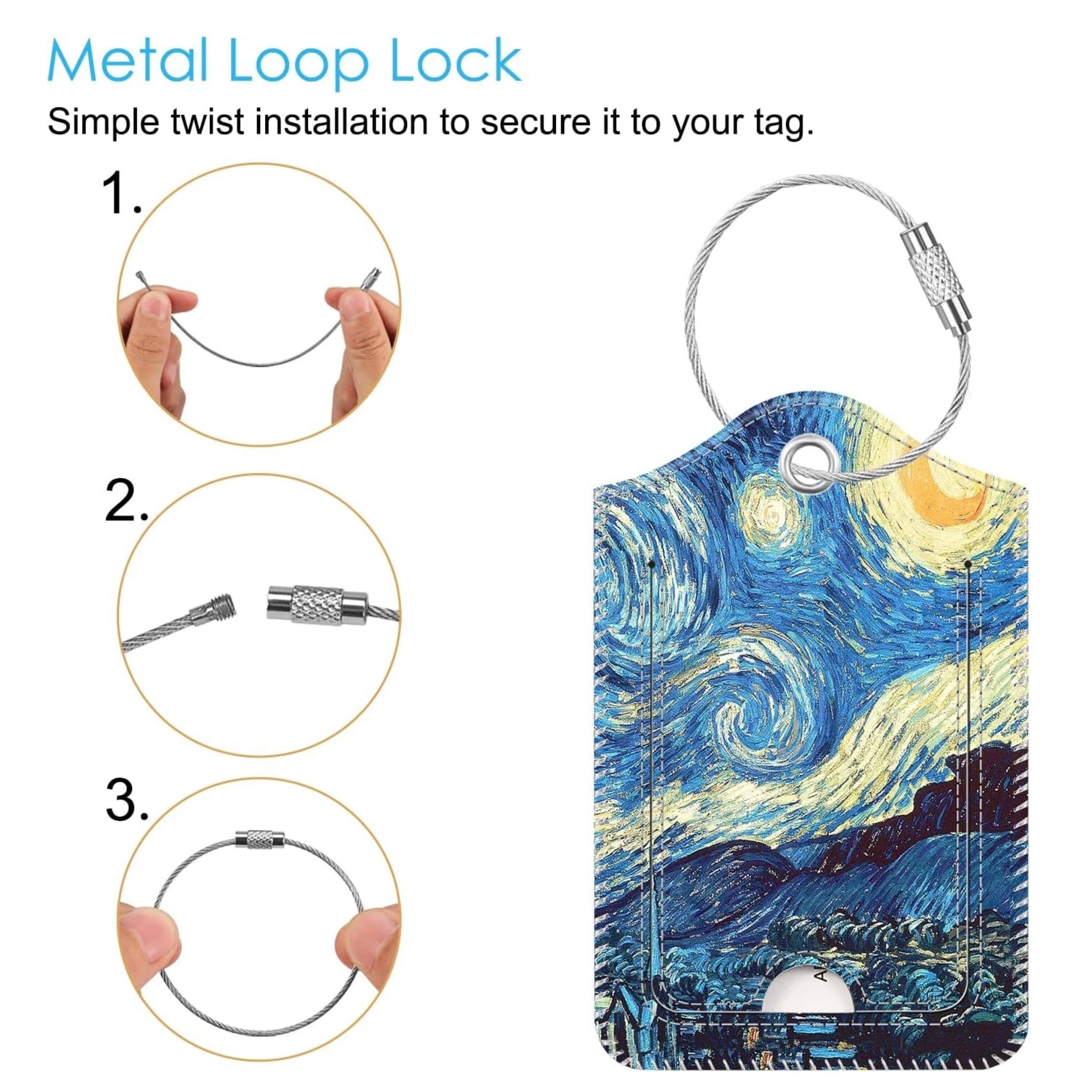 Metal Loop Lock  
Simple twist installation to secure it to your tag.  

1.  
2.  
3.
