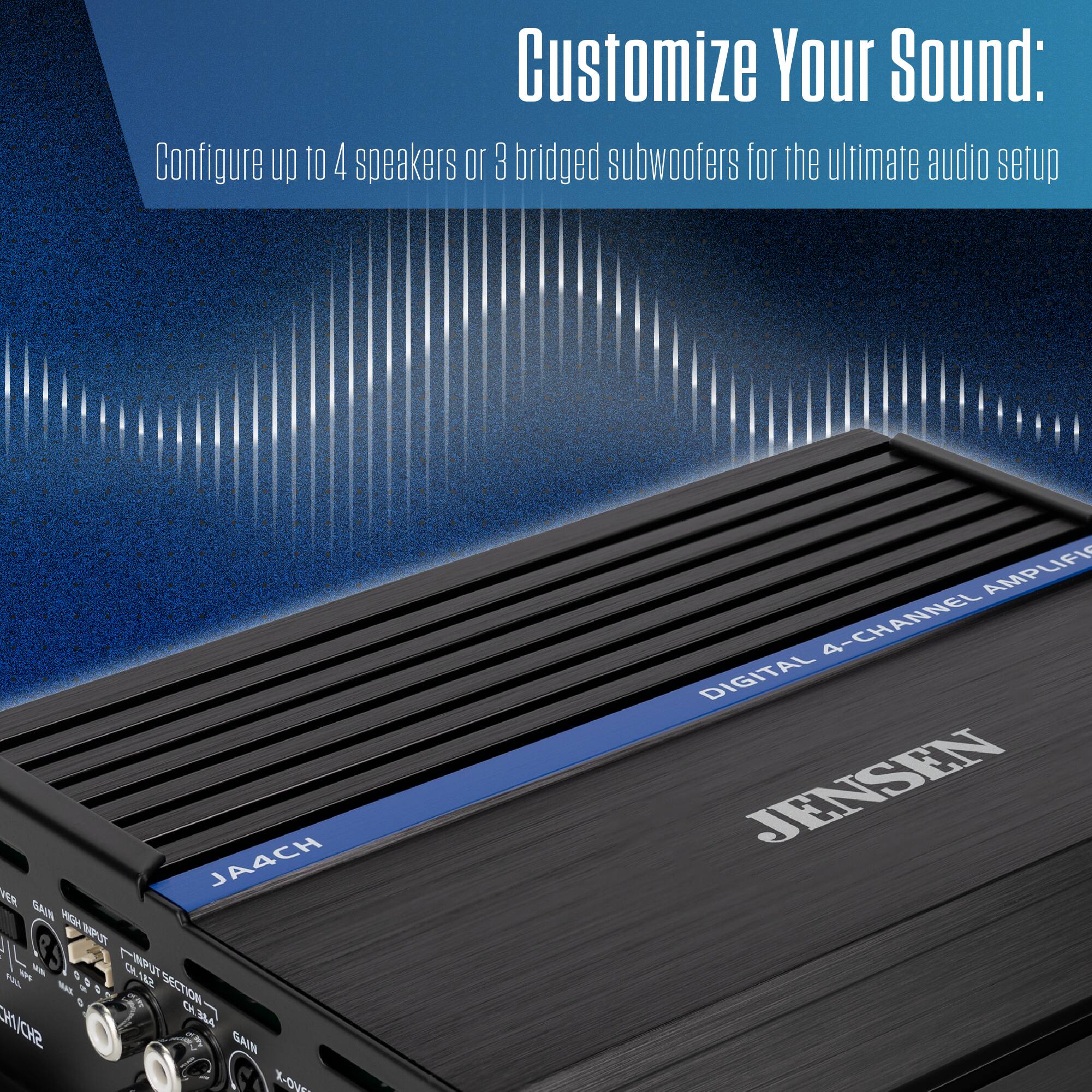 Customize Your Sound: Configure up to 4 speakers or 3 bridged subwoofers for the ultimate audio setup

JA4CH GAIN HBH CS INPUT PUL - MAX 90 / MPUT CH.142 or SECTION 0 CH SHDIMC CH 384 it GAIN X-OV

AMPLIFIER DIGITAL 4-CHANNEL JENSEN