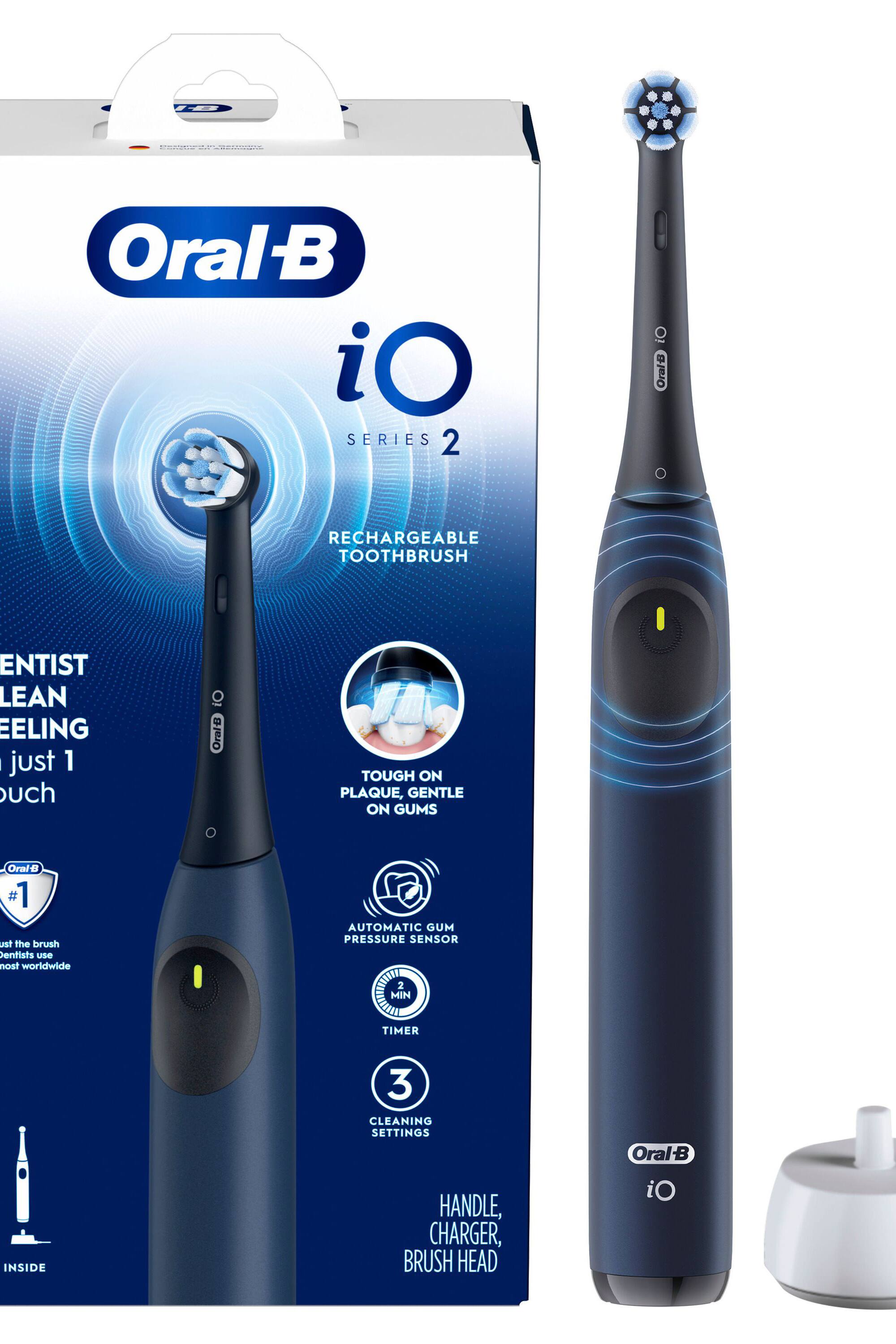 1. Oral-B iO Series 2 Rechargeable Toothbrush
2. Dentist Lean Feeling - Just 1 Touch
3. Tough on Plaque, Gentle on Gums
4. #1 at the brush dentists use most worldwide
5. Automatic Gum Pressure Sensor
6. 2-Min Timer
7. 3 Cleaning Settings
8. Handle, Charger, Brush Head Inside