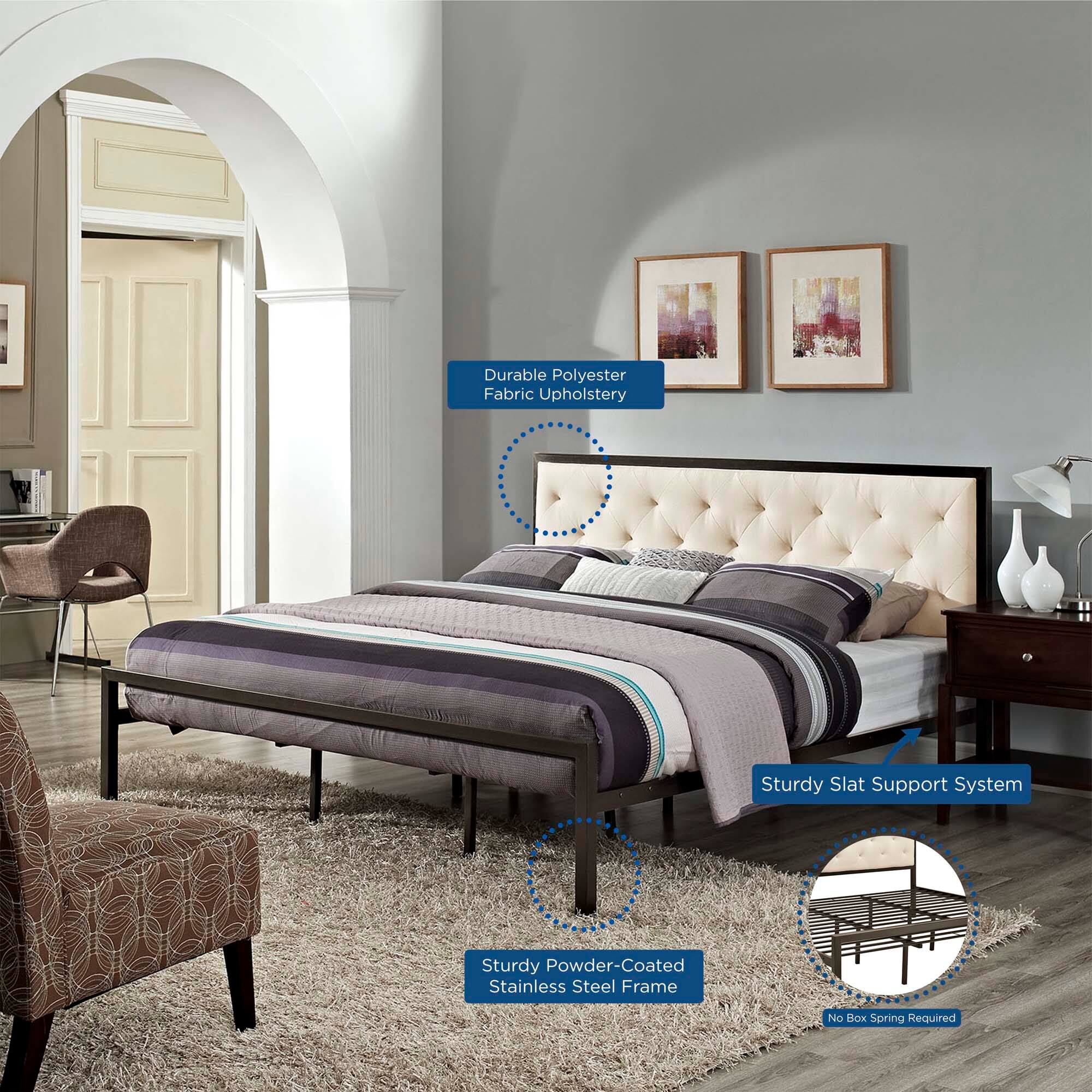 - Durable Polyester Fabric Upholstery
- Sturdy Slat Support System
- Sturdy Powder-Coated Stainless Steel Frame
- No Box Spring Required