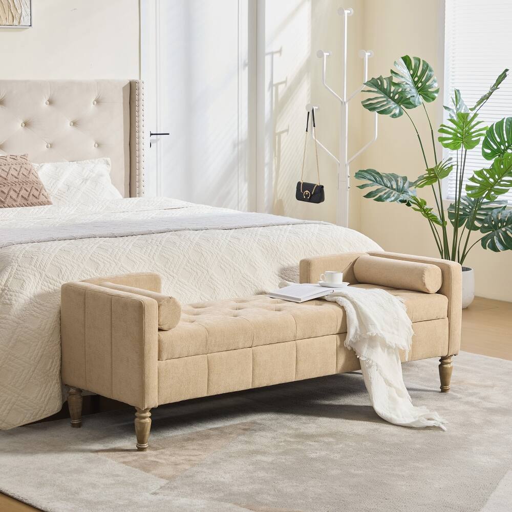 Front. Ropilly - Ropilly 64.6" Upholstered Storage Bench, Tufted End of Bed Bench with Backrest & Armrests, Wheat - Wheat.