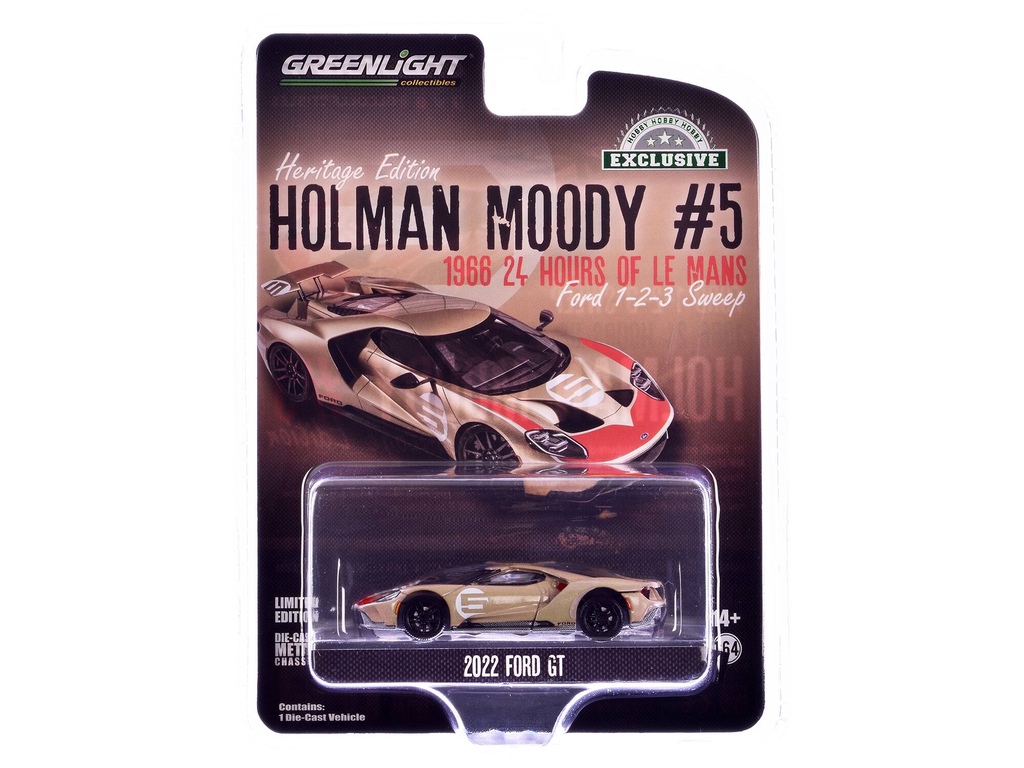 GREENLIGHT collectibles  
HORBY HORB MREHOEE HORBY EXCLUSIVE  
Heritage Edition  
HOLMAN MOODY #5  
1966 24 HOURS OF LE MANS  
Ford 1-2-3 Sweep  
LIMITED EDITION  
DIE-CAST METAL CHASSIS  
2022 FORD GT  
Contains: 1 Die-Cast Vehicle