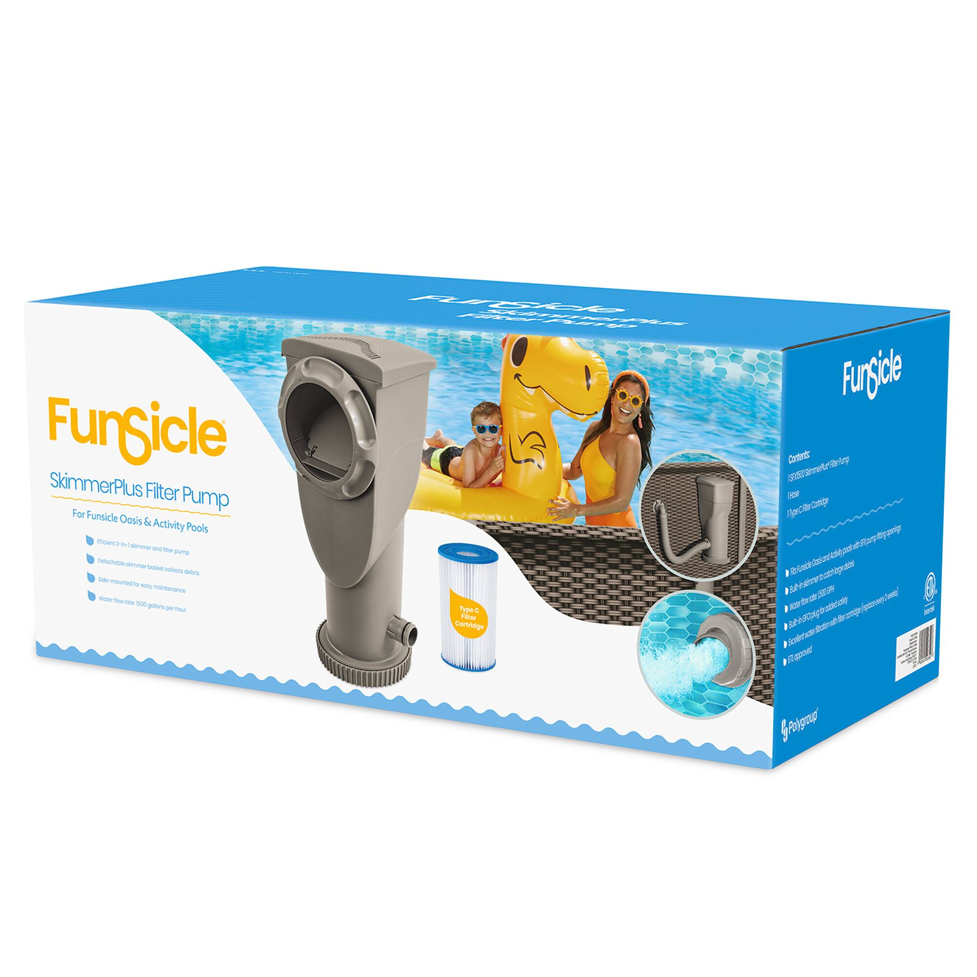 Funsicle SkimmerPlus Filter Pump  
For Funsicle Oasis & Activity Pools  

- Built-in 1.5" inlet and outlet ports  
- Adjustable flow control for easy pool circulation  
- Skimmer basket for easy collection of debris  
- Skimmer net included for easy maintenance  
- Water flow rate: 100 gallons per hour  

Contents:  
1 x SkimmerPlus Filter Pump  
1 x Skimmer Net  
1 x Skimmer Basket  

Funsicle  
SkimmerPlus Filter Pump  
For Funsicle Oasis & Activity Pools  

- Built-in 1.5" inlet and outlet ports  
- Adjustable flow control for easy pool circulation  
- Skimmer basket for easy collection of debris  
- Skimmer net included for easy maintenance  
- Water flow rate: 100 gallons per hour  

Contents:  
1 x SkimmerPlus Filter Pump  
1 x Skimmer Net  
1 x Skimmer Basket  

Funsicle  
SkimmerPlus Filter Pump  
For Funsicle Oasis & Activity Pools  

- Built-in 1.5" inlet and outlet ports  
- Adjustable flow control for easy pool circulation  
- Skimmer basket for easy collection of debris  
- Skimmer net included for easy maintenance  
- Water