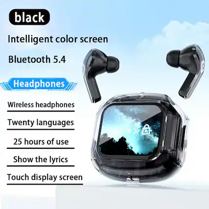 black
Intelligent color screen
Bluetooth 5.4
Headphones
Wireless headphones
Twenty languages
25 hours of use
Show the lyrics
Touch display screen
