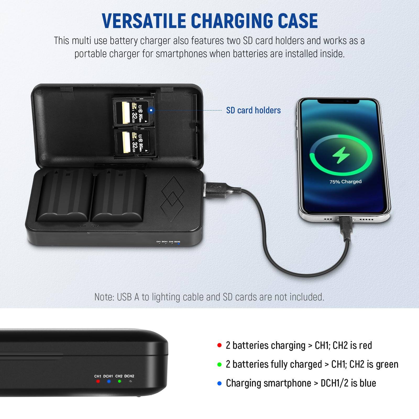 VERSATILE CHARGING CASE

This multi-use battery charger also features two SD card holders and works as a portable charger for smartphones when batteries are installed inside.

SD card holders

Note: USB A to lighting cable and SD cards are not included.

- 2 batteries charging > CH1; CH2 is red
- 2 batteries fully charged > CH1; CH2 is green
- Charging smartphone > DCH1/2 is blue