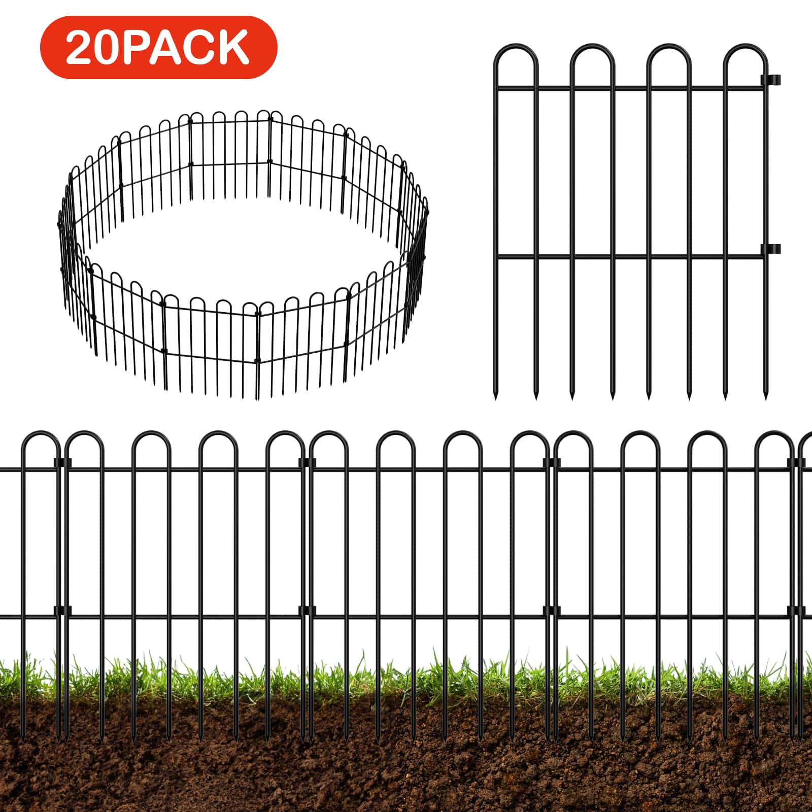 Front. Oumilen - 20PCS Garden Fence No Dig Rustproof Metal Animal Barrier Border Panel Decorative.