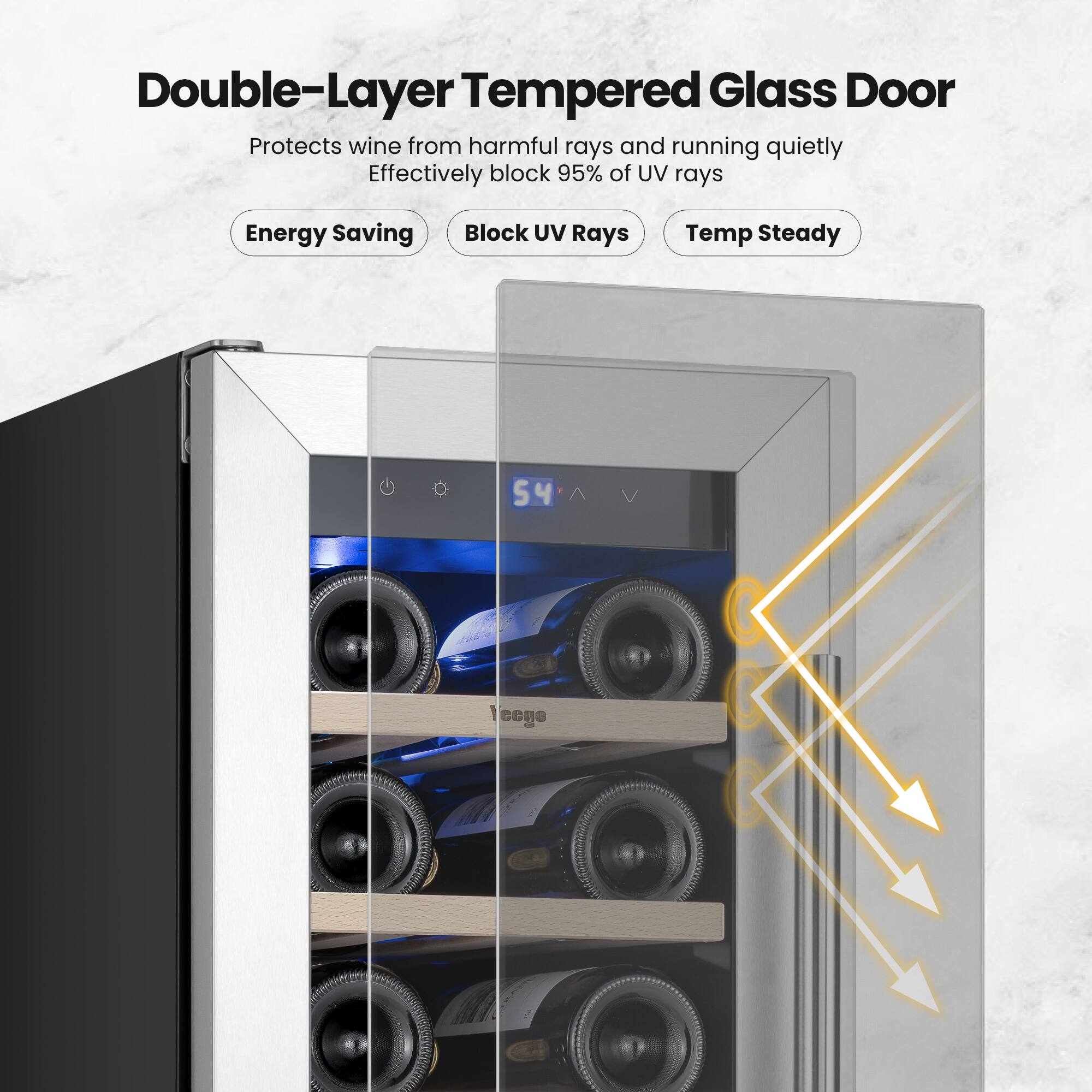 Double-Layer Tempered Glass Door  
Protects wine from harmful rays and running quietly  
Effectively block 95% of UV rays  

Energy Saving  
Block UV Rays  
Temp Steady