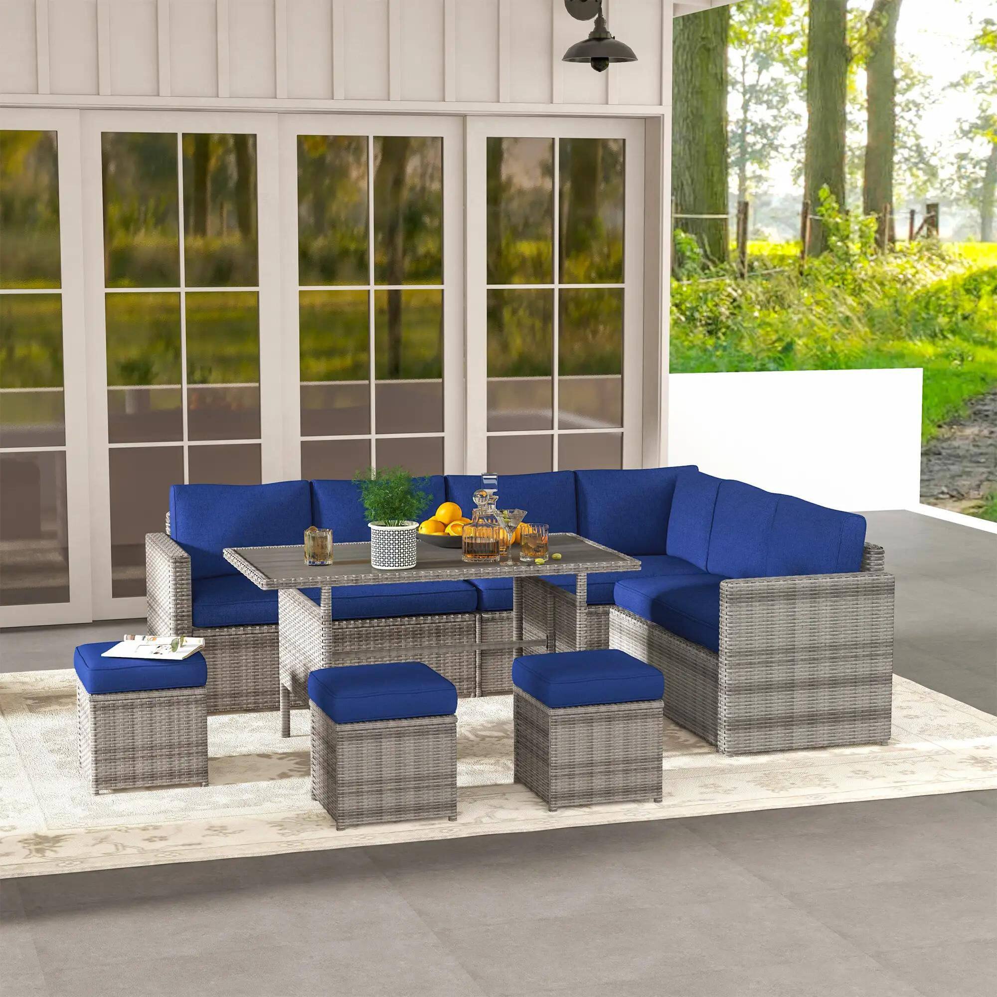 Left. Resenkos - Resenkos Wicker Outdoor Patio Furniture Set, L-Shaped 7 Pieces Outdoor Dining Sectional Sofa, Blue - Blue.