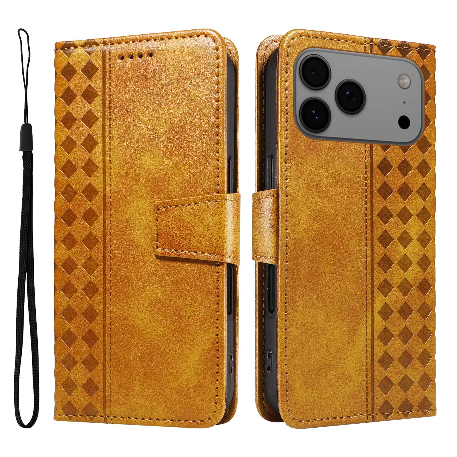 Alt View 5. Dteck - Magnetic Wallet Pocket Case For Apple iPhone 17 Pro, Shockproof Faux Leather Card Pocket Wrist Strap Cover - Yellow.