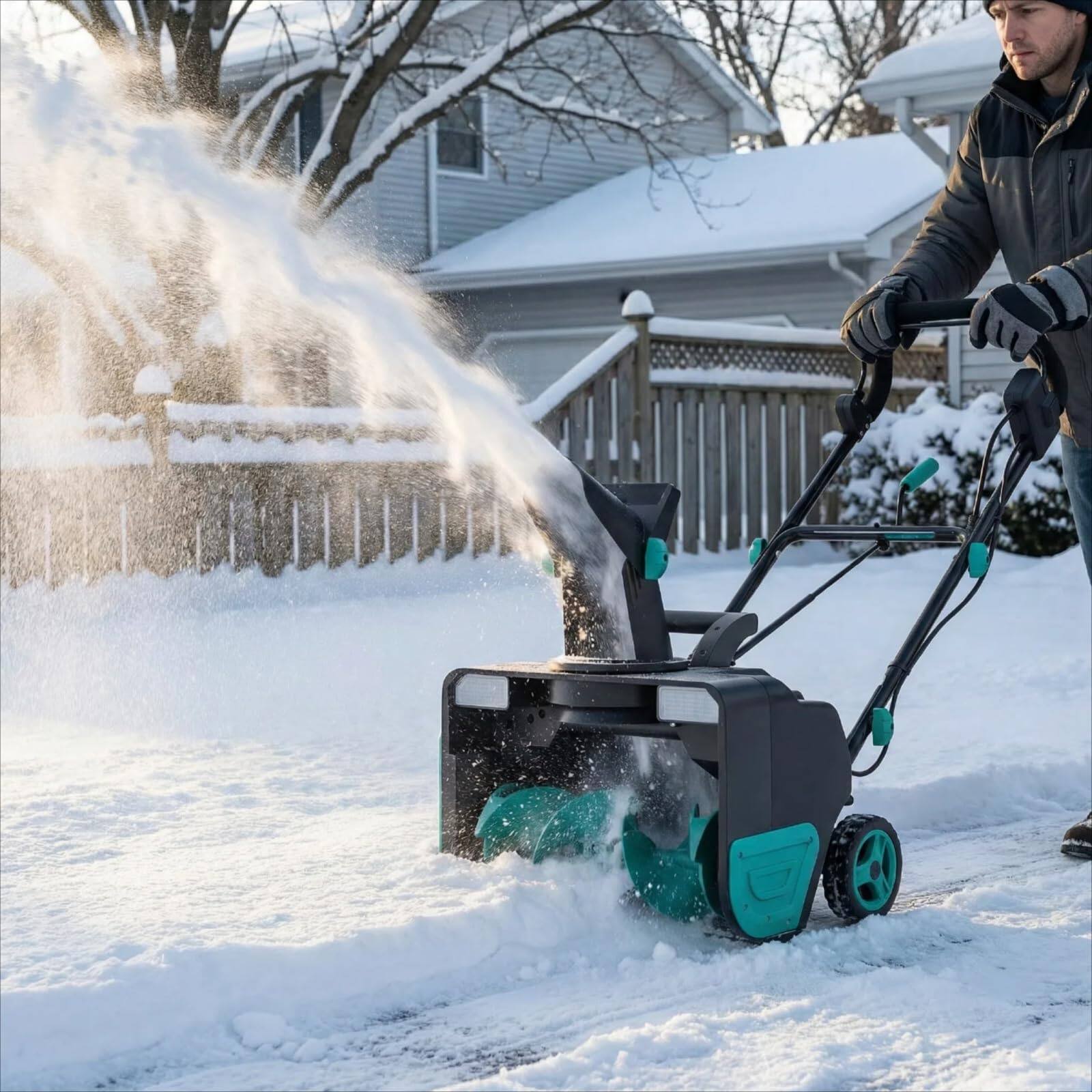 Angle. Babevy - 20" Electric Snow Blower - 15-Amp Brushless Motor, 25FT Throw Distance, 180° Rotating Chute & Dual LED Lights - Lake Green.
