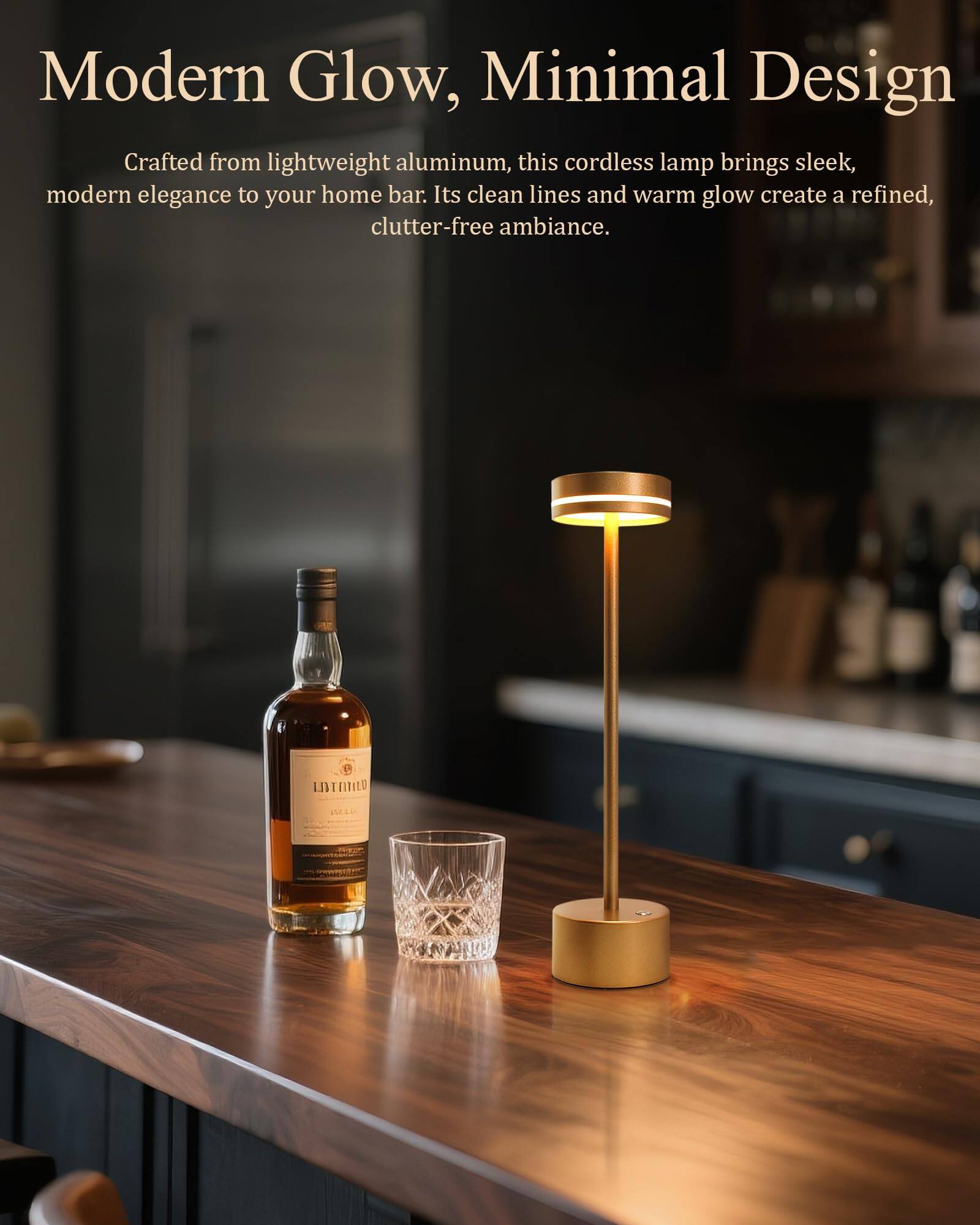 Modern Glow, Minimal Design

Crafted from lightweight aluminum, this cordless lamp brings sleek, modern elegance to your home bar. Its clean lines and warm glow create a refined, clutter-free ambiance.