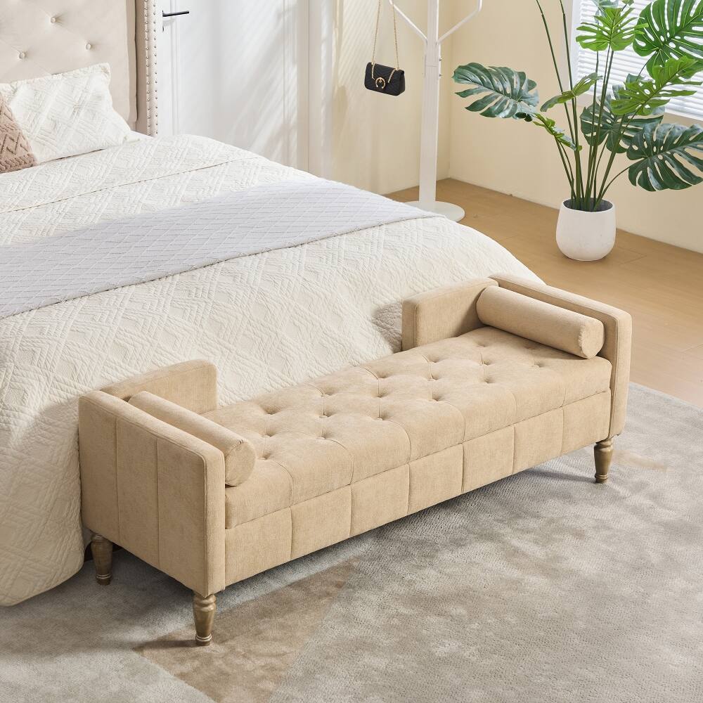 Angle. Ropilly - Ropilly 64.6" Upholstered Storage Bench, Tufted End of Bed Bench with Backrest & Armrests, Wheat - Wheat.