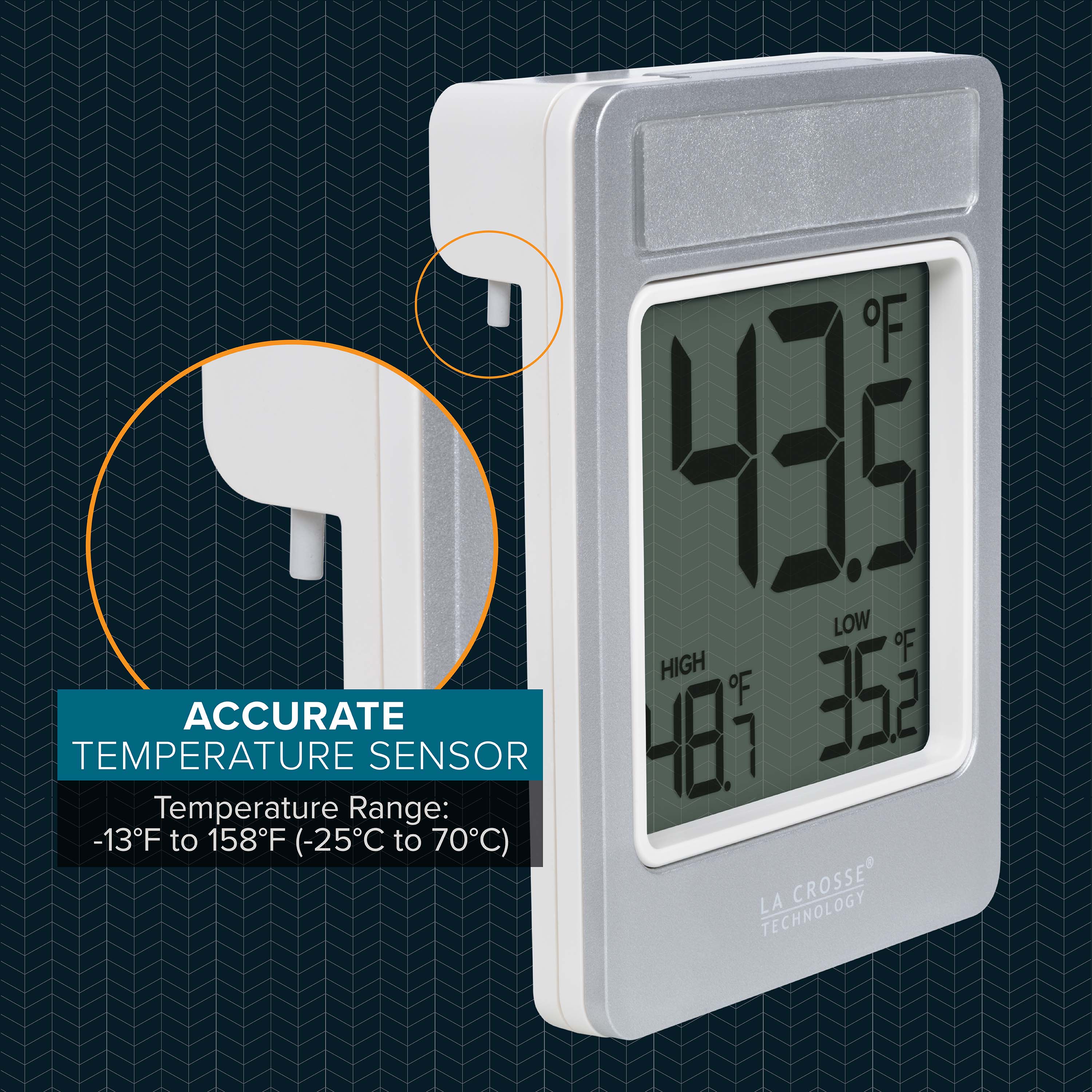 F 435 LOW OF HIGH F 35E 2 ACCURATE TEMPERATURE SENSOR  
Temperature Range: -13°F to 158°F (-25°C to 70°C)  
LA CROSSE TECHNOLOGY