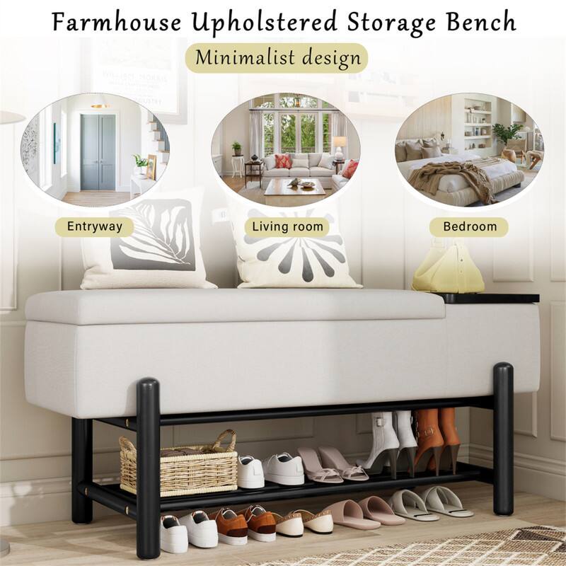 Farmhouse Upholstered Storage Bench  
Minimalist design  

Entryway  
Living room  
Bedroom