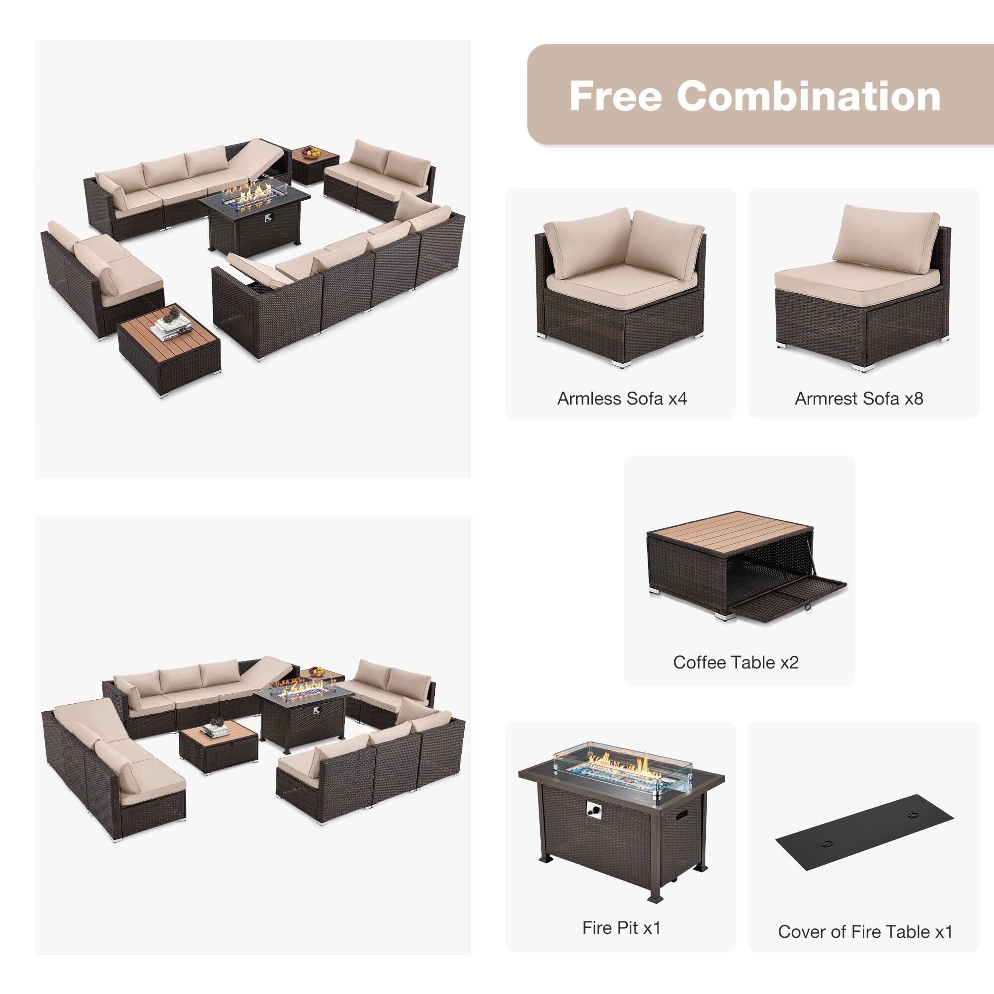 Free Combination  
CUA 5 Armless Sofa x4  
Armrest Sofa x8  
Coffee Table x2  
Fire Pit x1  
Cover of Fire Table x1