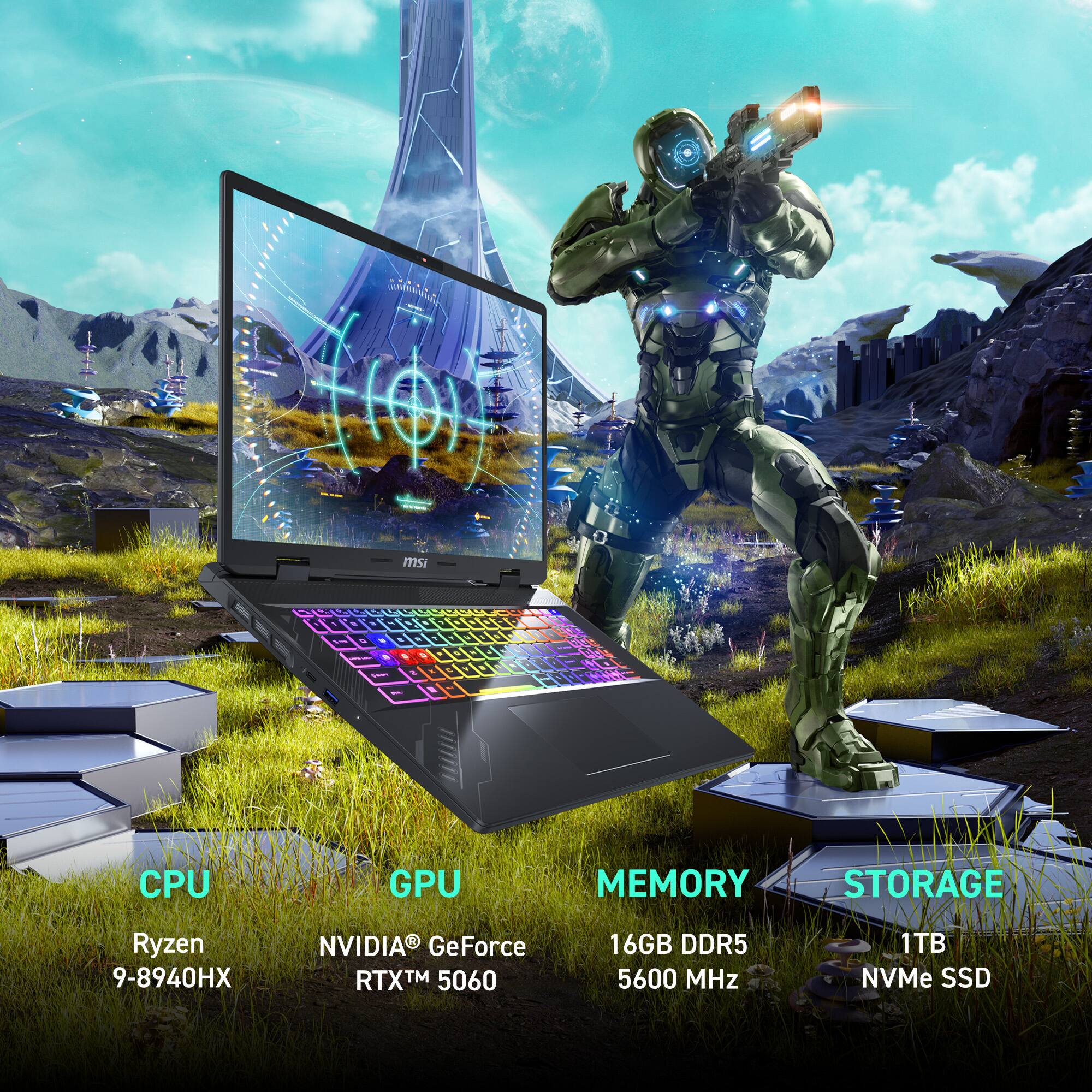- CPU: Ryzen 9-8940HX
- GPU: NVIDIA® GeForce RTX™ 5060
- MEMORY: 16GB DDR5 5600 MHz
- STORAGE: 1TB NVMe SSD