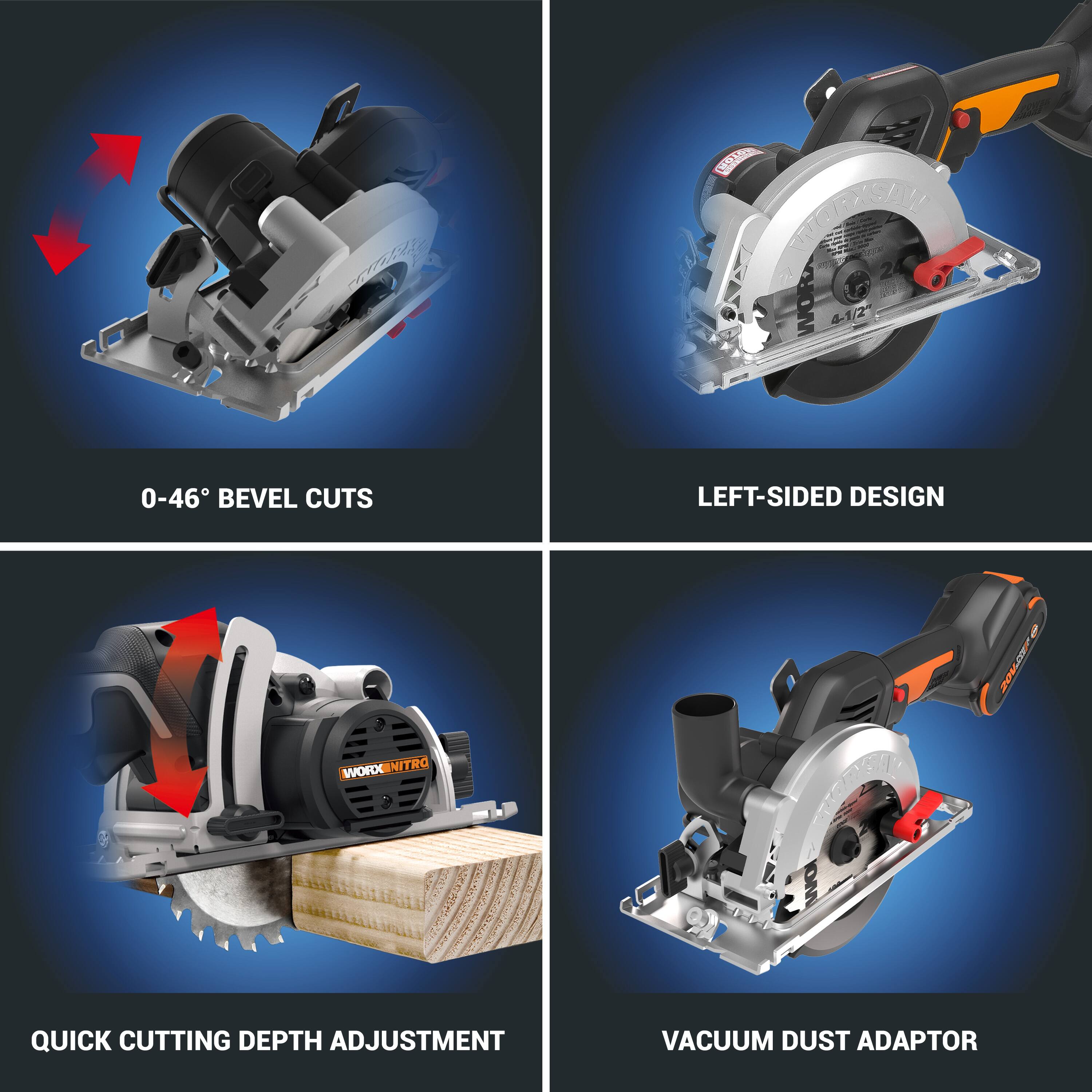 The text on the image is grouped and corrected as follows:

1. 0-46 Bevel Cuts: Left-Sided Design
2. Quick Cutting Depth Adjustment
3. Vacuum Dust Adaptor