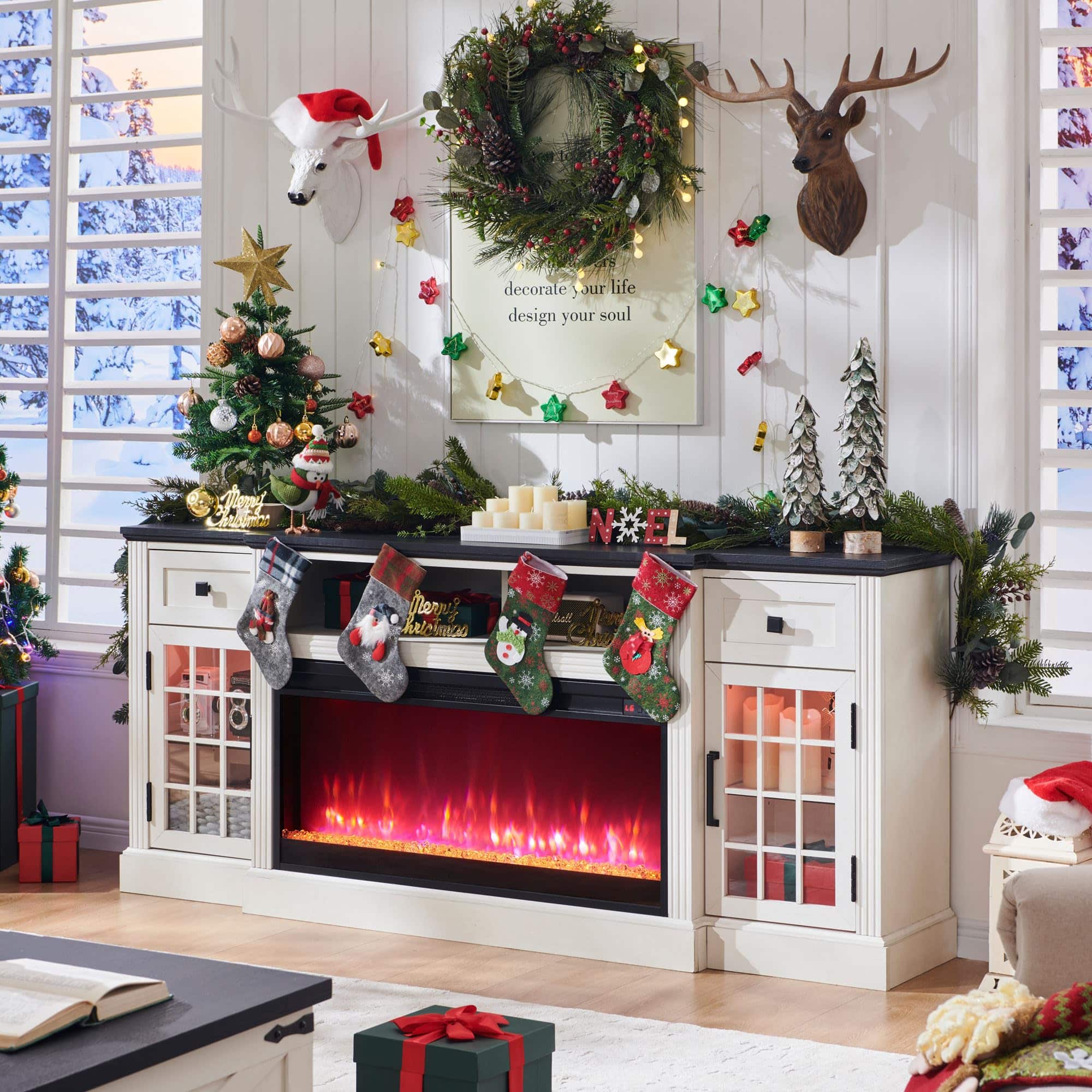 OMOMMD - 70" Farmhouse Fireplace TV Stand for 80" TVs, 36" Electric Fireplace, LED Lights, Storage - White