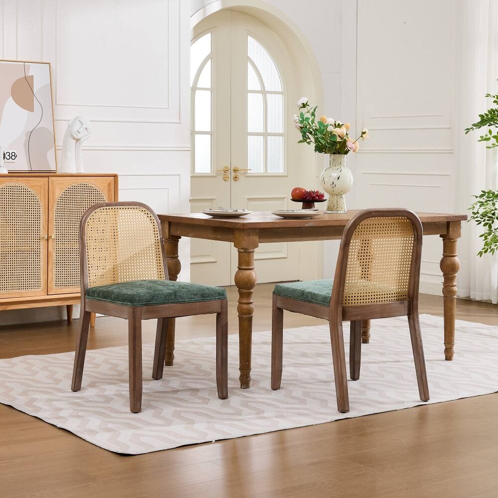 Front. Loheer - Loheer Set of 2 Cane Back Dining Chairs Mid Century Farmhouse Side Chairs Green Solid Wood Frame - Green.