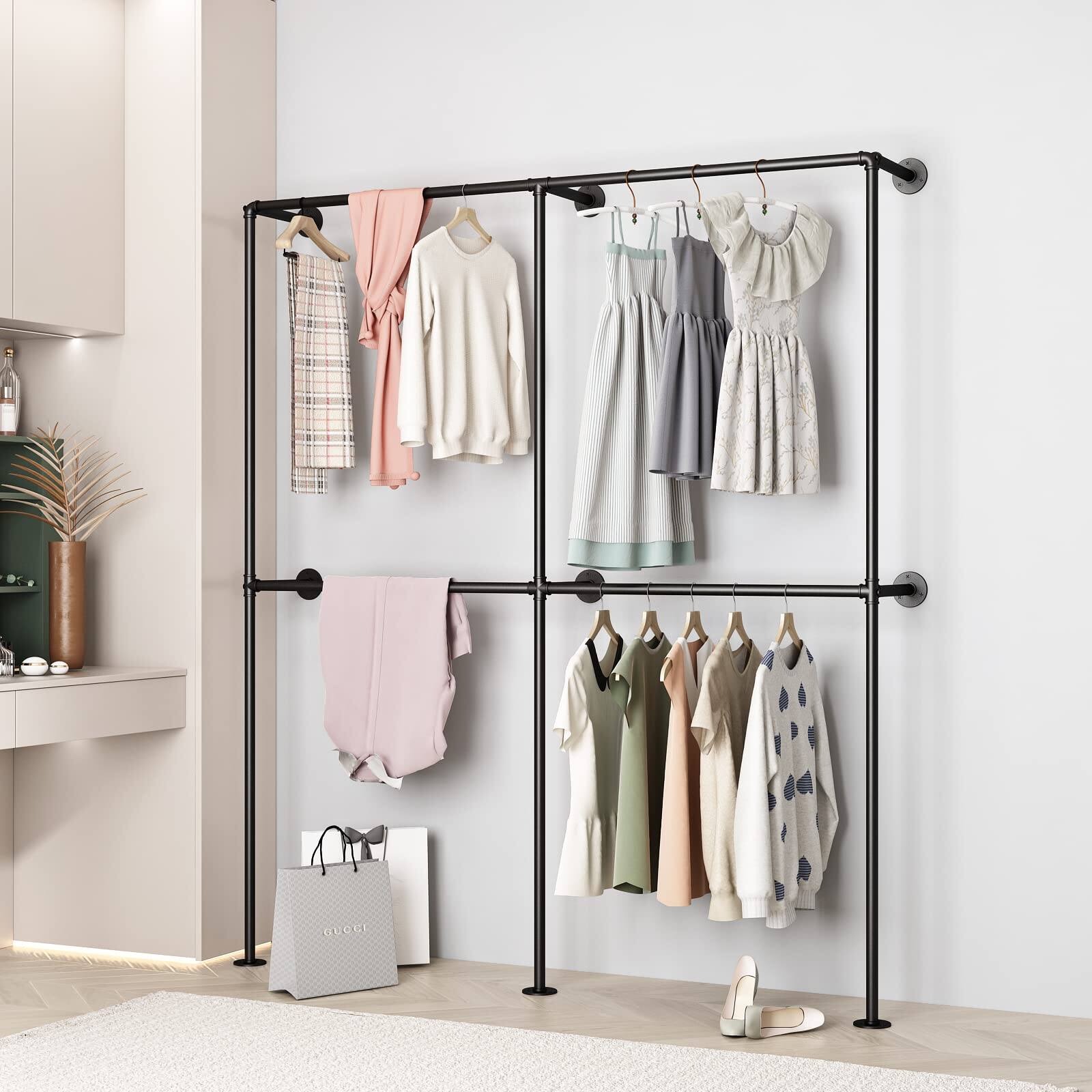 Alt View 2. Refined Abode Design - Industrial Pipe Clothing Rack Wall Mounted Clothes Racks With Double Hanging Rods For Closet Storage() - 47"L.