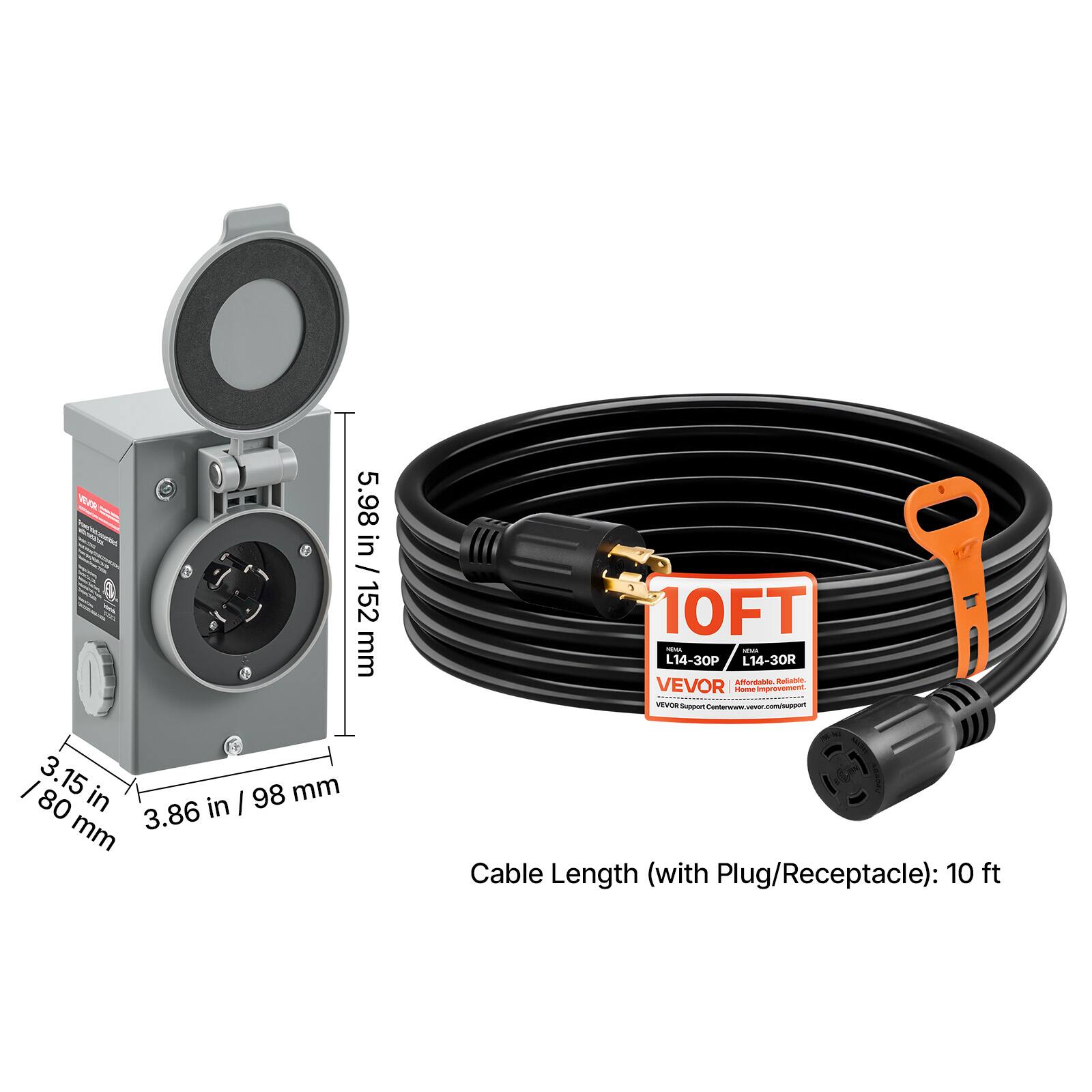 O VEVOR 5.98 in / 152 mm I 80 3.15 in 98 mm 3.86 in mm

10FT NEWS - L14-30P L14-30R Mordable. Rediable. VEVOR Home Improvement. EVORSupport Centernew Thoquelmoo.nover Cable Length (with Plug/Receptacle): 10 ft