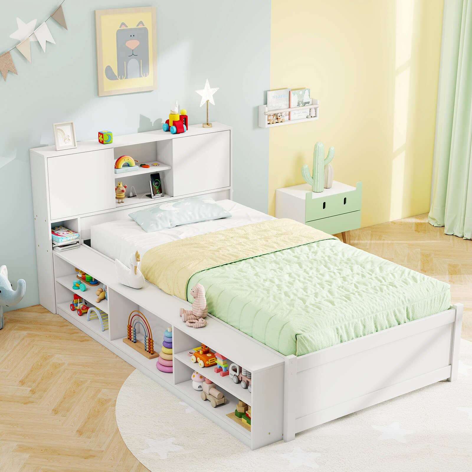 Angle. Costway - Costway Twin Size Bed Frame with Trundle & Power Outlet Bookcase Headboard Sliding Doors - White.