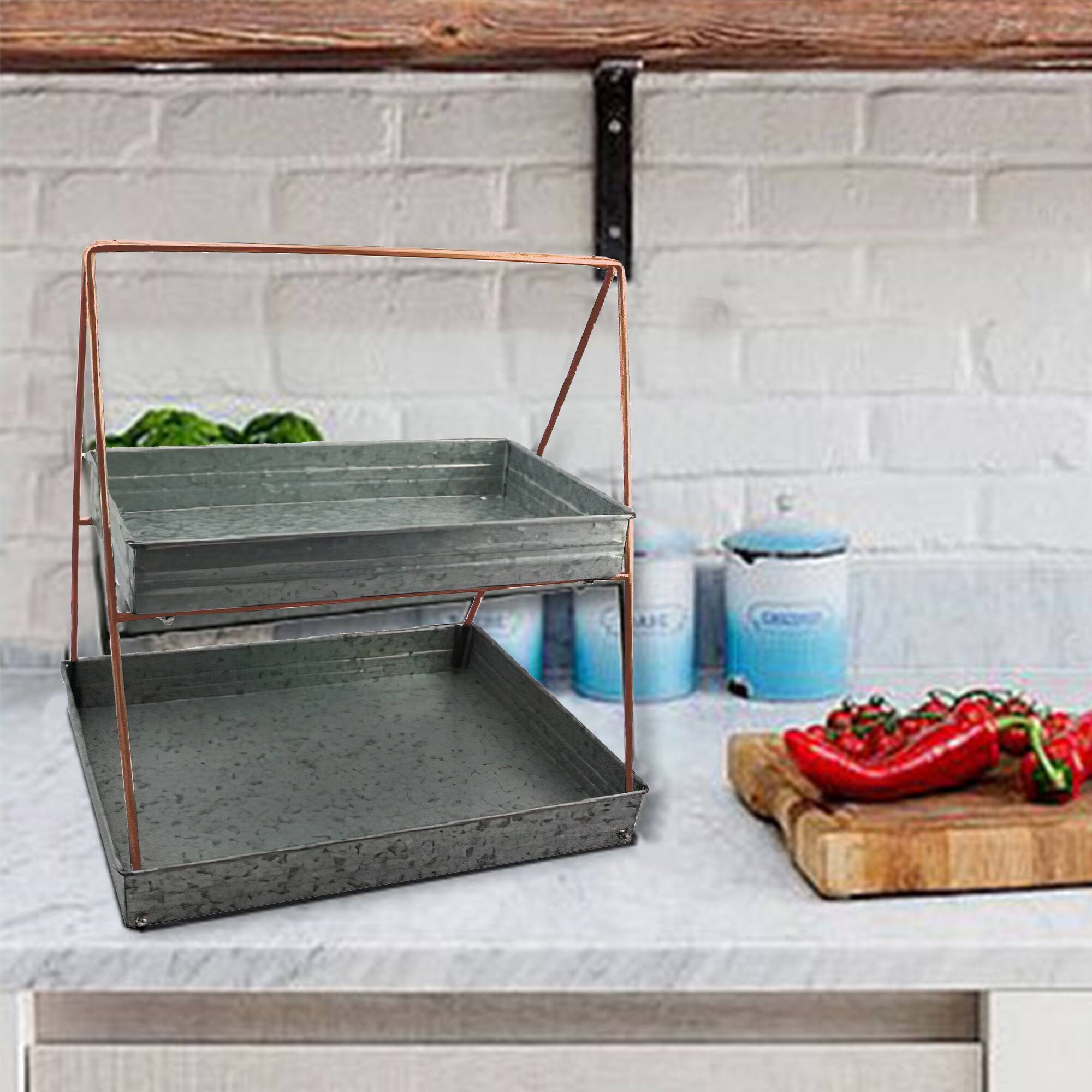 Alt View 5. Manhattan Lane - Galvanized Metal 2 Tiered Rectangular Serving Tray - Gray.