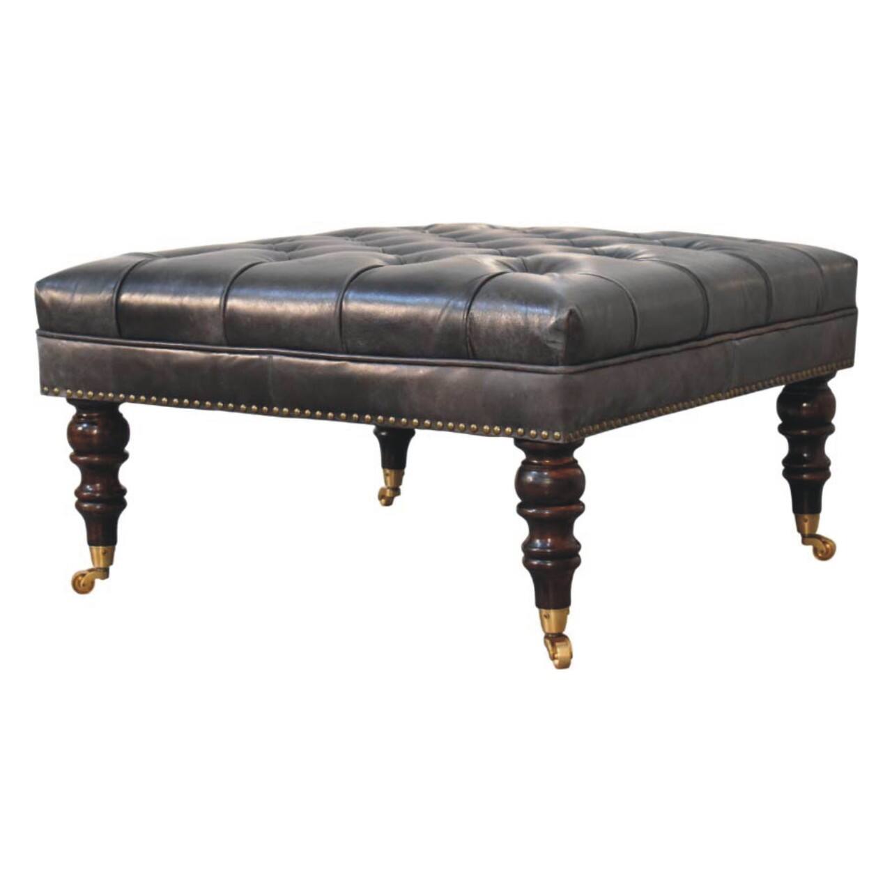Left. Artisan Furniture - Artisan Furniture Solid Wood Black Leather Upholstered Ottoman, Black - Black.