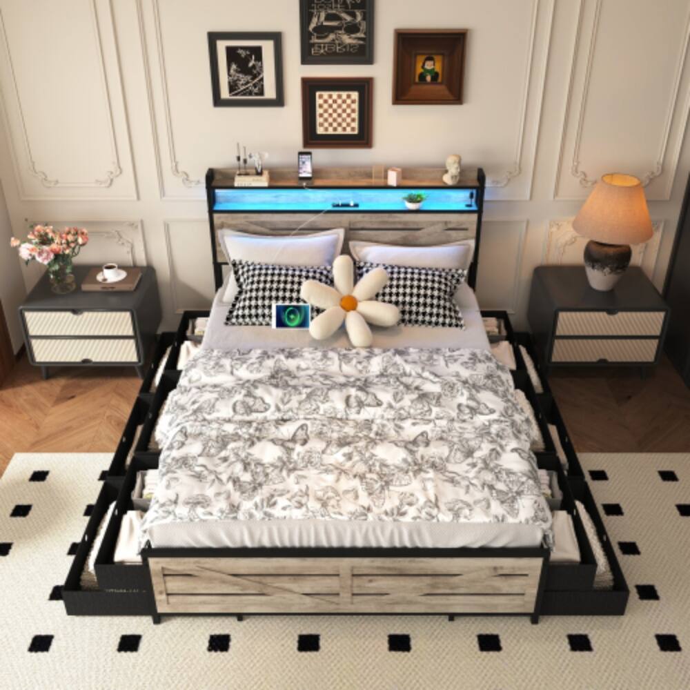 LUCKY ONE Full Size Bed Frame with Storage Headboard, 12 Drawers, LED ...
