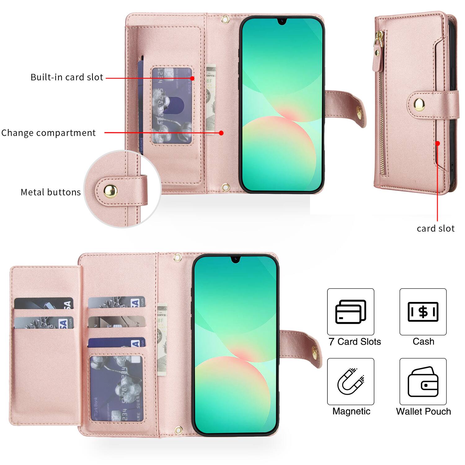 Built-in card slot  
Change compartment  
Metal buttons  

Card Slots: 7  
Cash  
Magnetic  
Wallet Pouch
