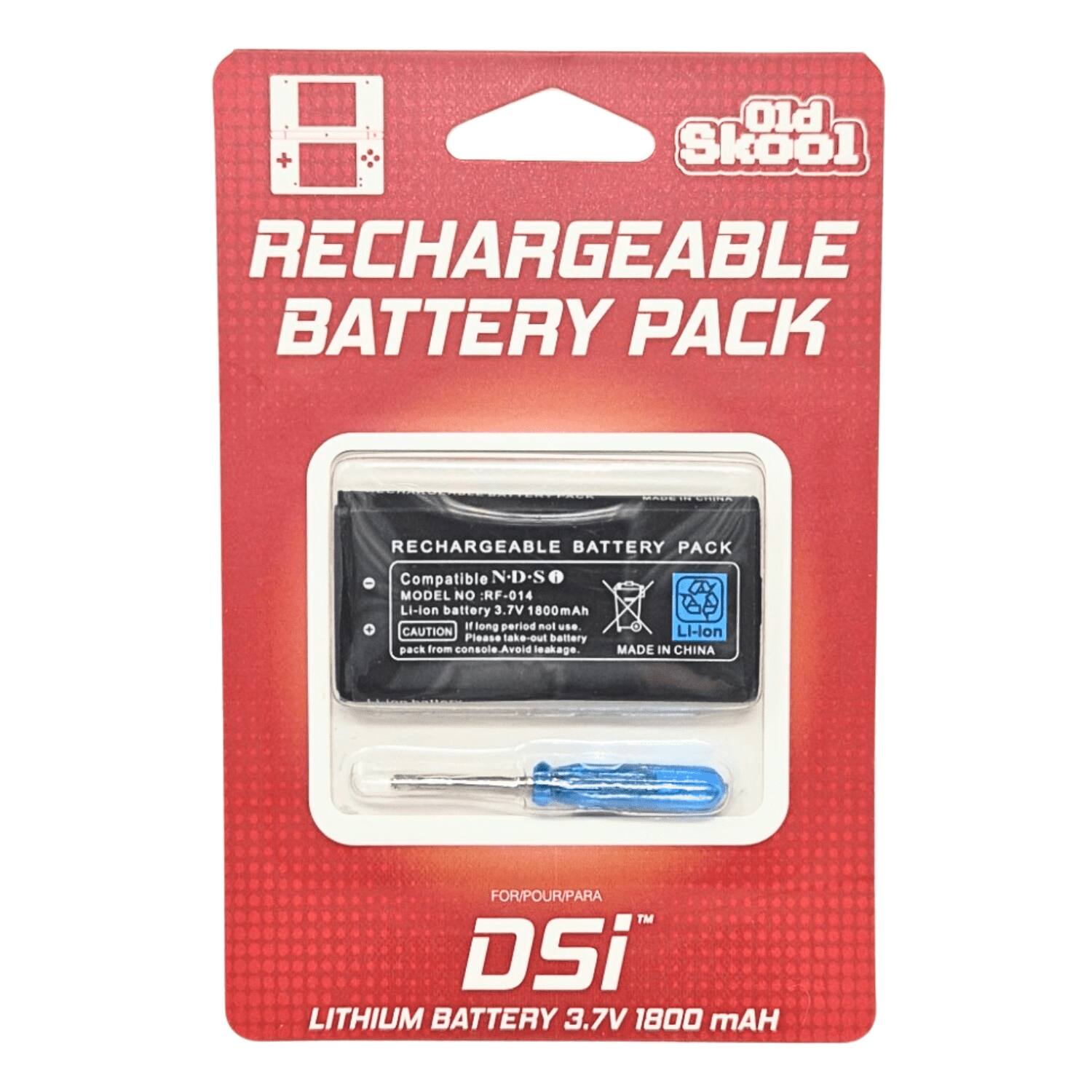 Old Skool RECHARGEABLE BATTERY PACK

MADE IN CHINA

RECHARGEABLE BATTERY PACK

Compatible N.D.S MODEL NO: RF-014 Li-lon battery 3.7V 1800mAh

CAUTION: Li-lon. Please take-out battery pack from console. Avoid leakage.

FOR/POUR/PARA DSi LITHIUM BATTERY 3.7V 1800 mAh