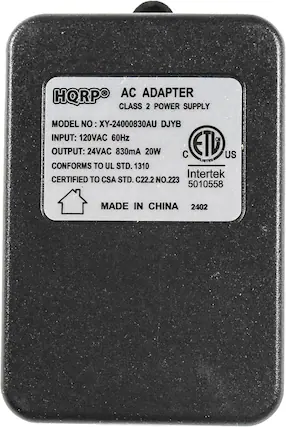 HQRPO AC ADAPTER CLASS 2 POWER SUPPLY MODEL NO XY-24000830AU DJYB
INPUT: 120VAC 60Hz
OUTPUT: 24VAC 830mA 20W
CONFORMS TO UL STD. 1310
CERTIFIED TO CSA STD. C22.2 NO.223
MADE IN CHINA
2402