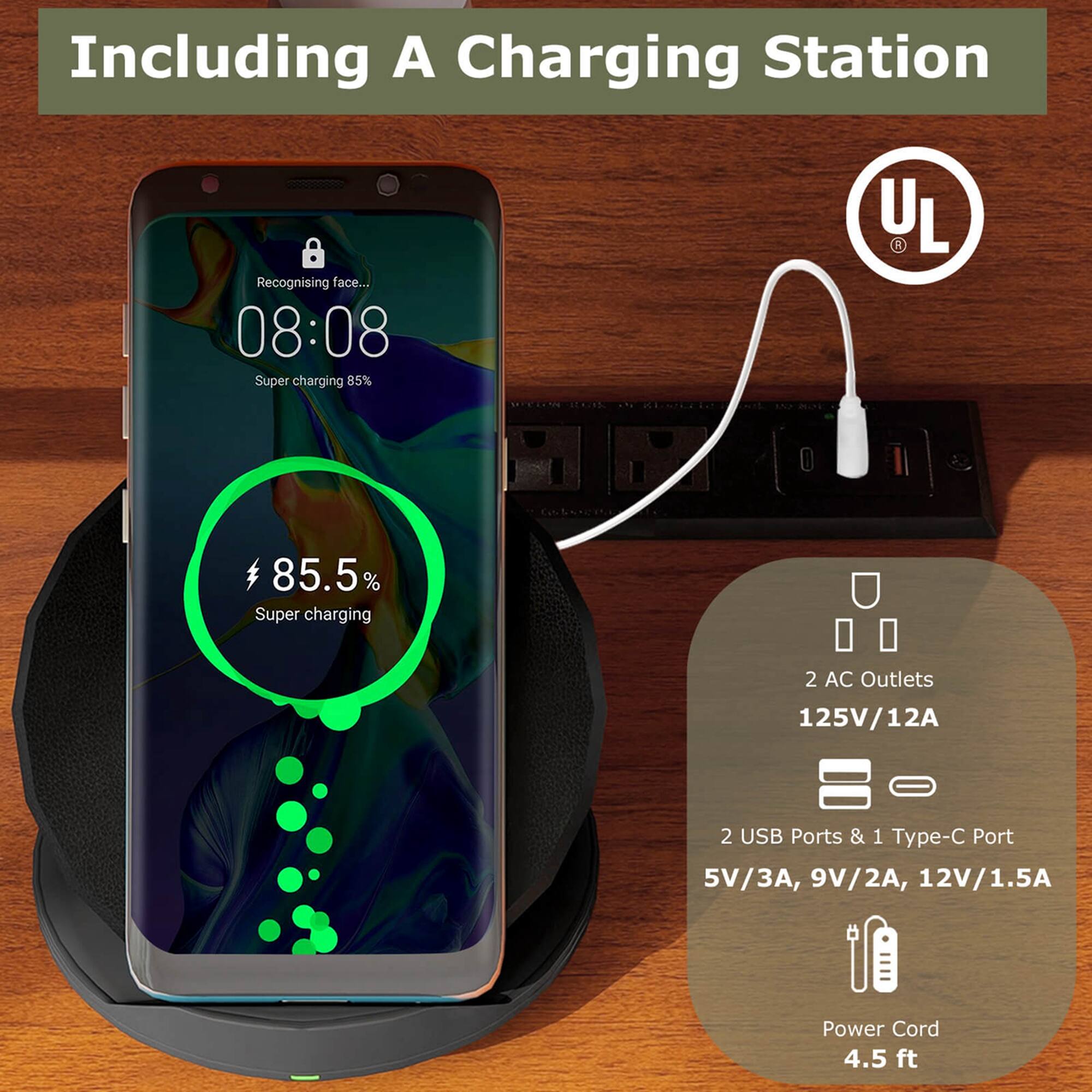 Including A Charging Station Recognising face... 08:08 Super charging 85% UL  85.5% Super charging 2 AC Outlets 125V/12A 2 USB Ports & 1 Type-C Port 5V/A, 9V/2A, 12V/1.5A Power Cord 4.5 ft