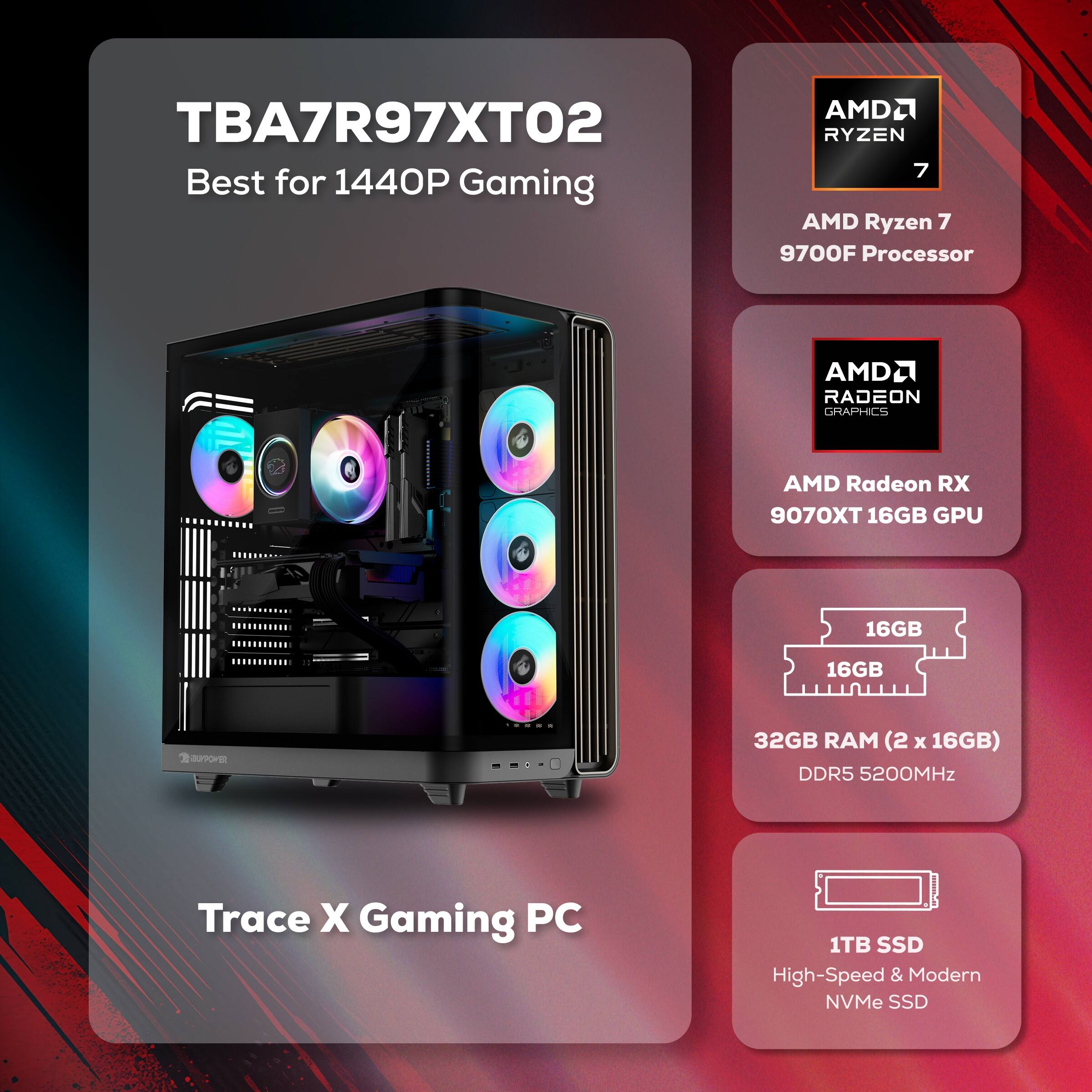 iBUYPOWER Trace Gaming Desktop PC AMD Ryzen 7 9700F, AMD Radeon RX