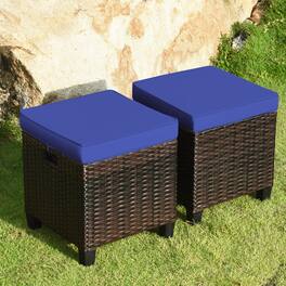 Gymax - Set of 2 Patio Rattan Ottoman Footrest Garden Outdoor w/ Navy Cushion - as pic